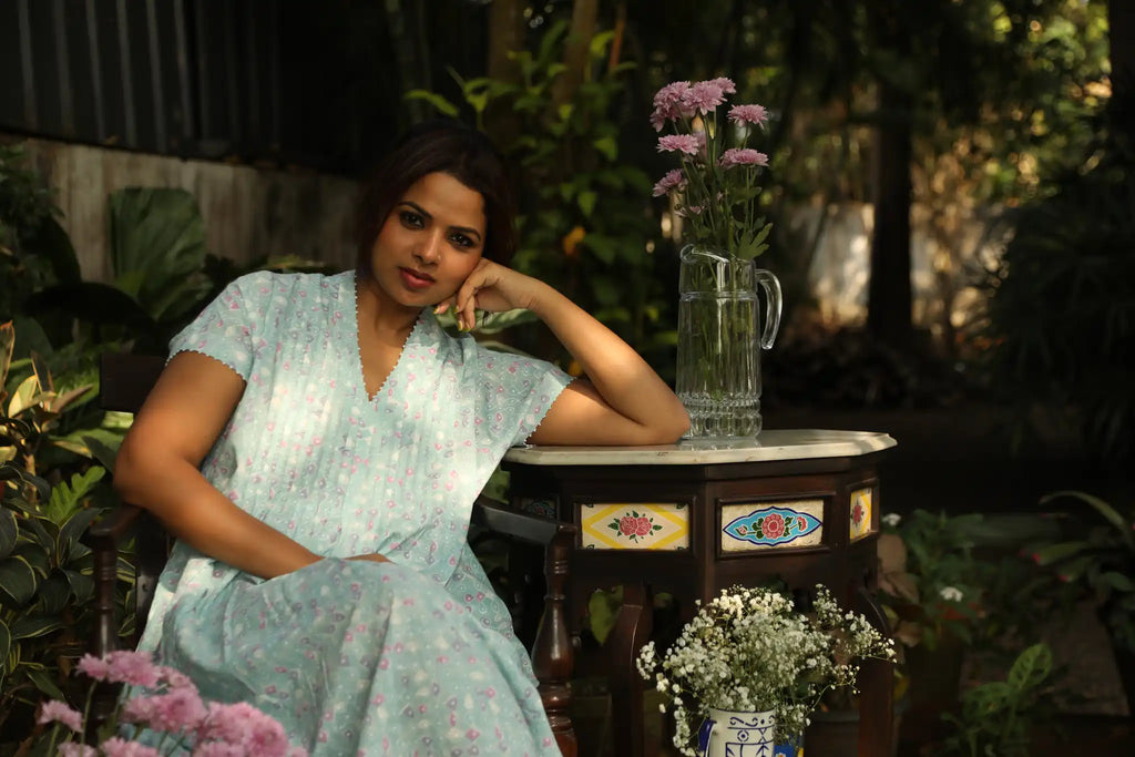 Kolam Teal Pintuck Cap Sleeve Dress