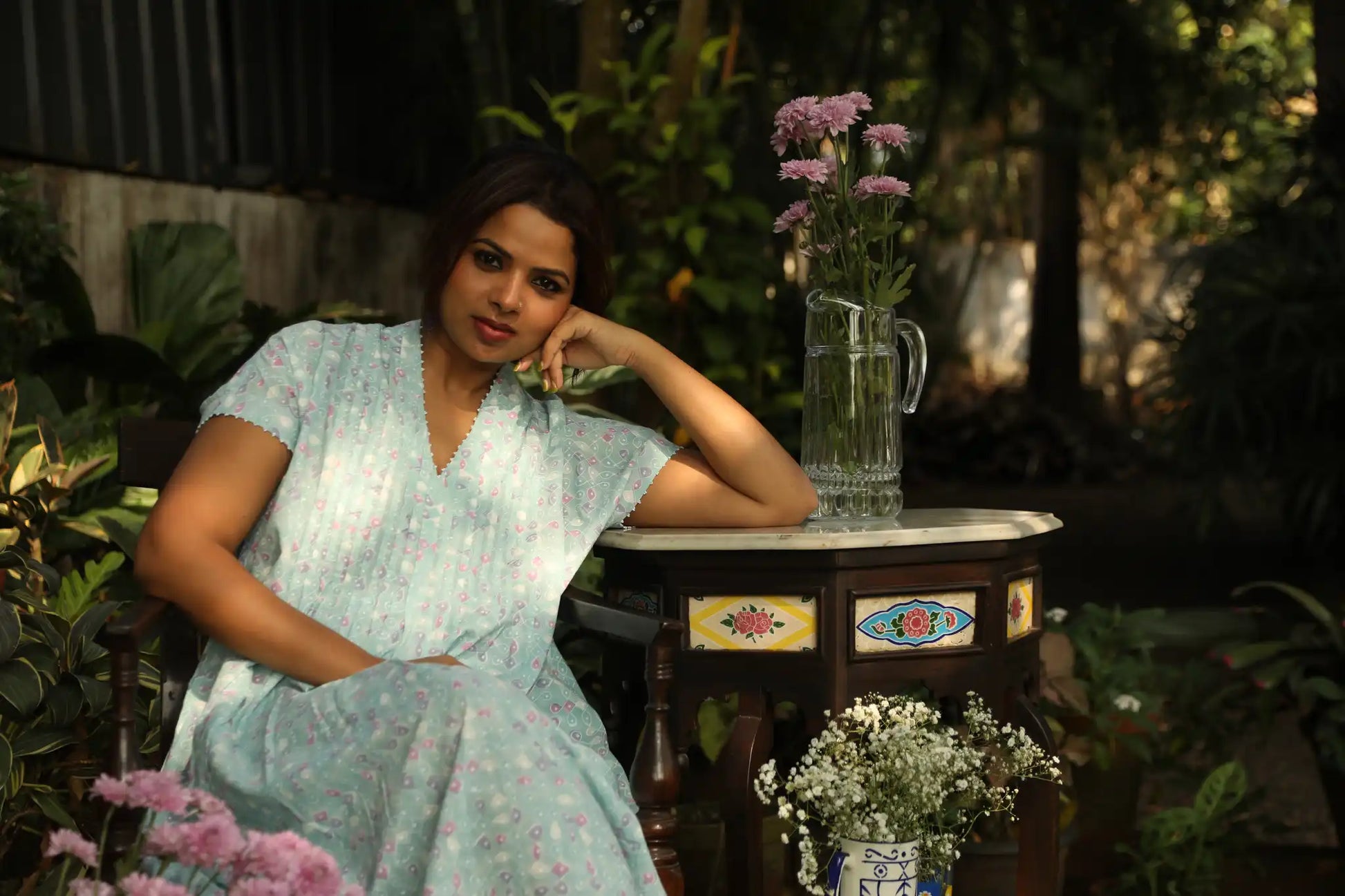 Kolam Teal Pintuck Cap Sleeve Dress