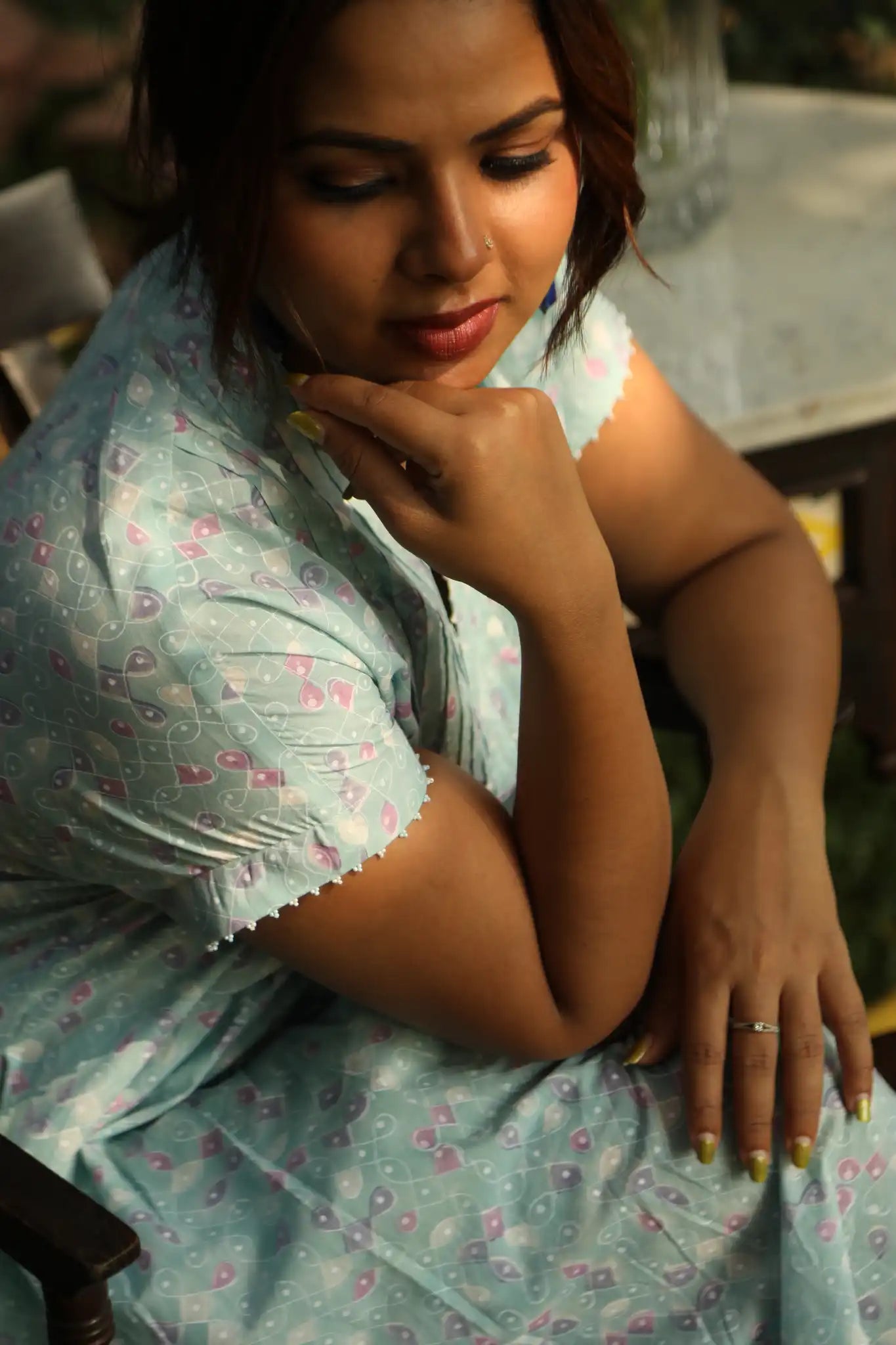 Kolam Teal Pintuck Cap Sleeve Dress