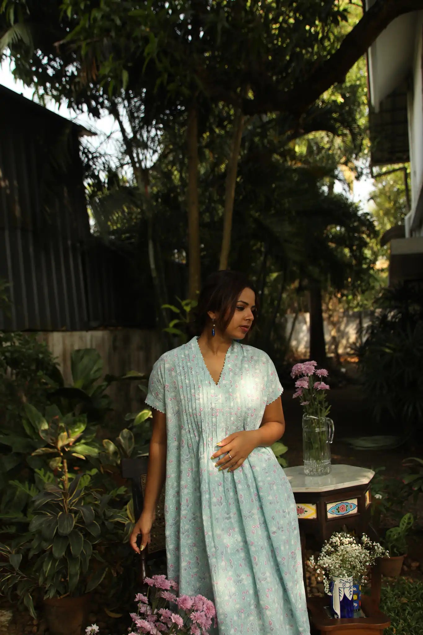 Kolam Teal Pintuck Cap Sleeve Dress