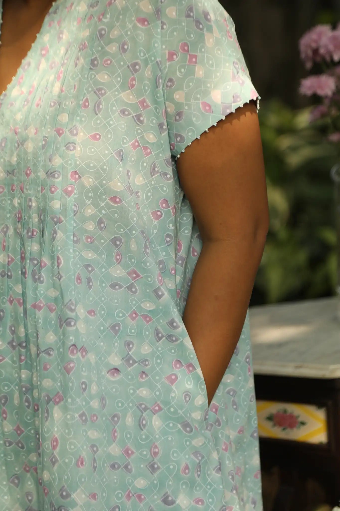 Kolam Teal Pintuck Cap Sleeve Dress
