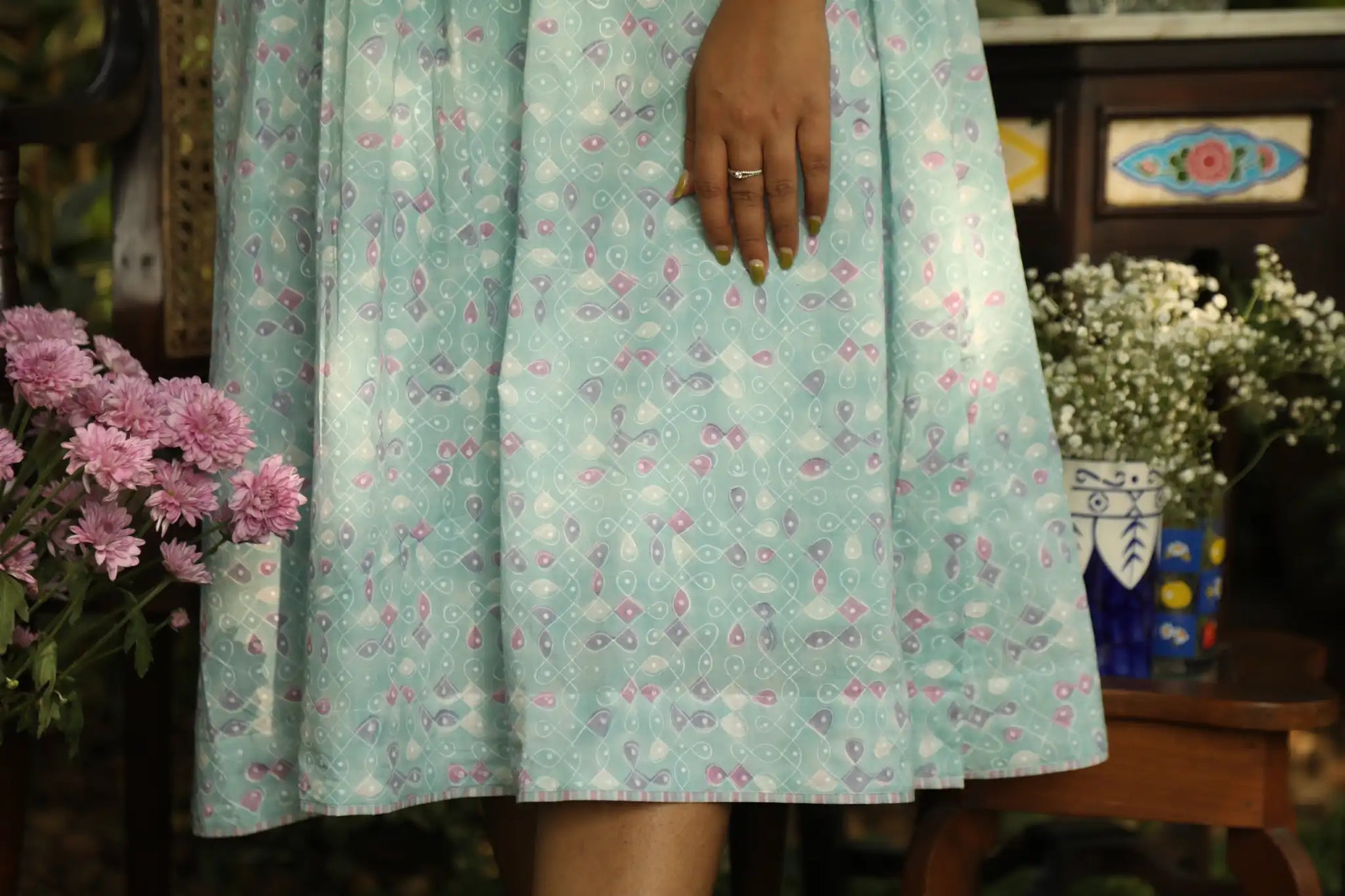 Kolam Teal Pintuck Cap Sleeve Dress