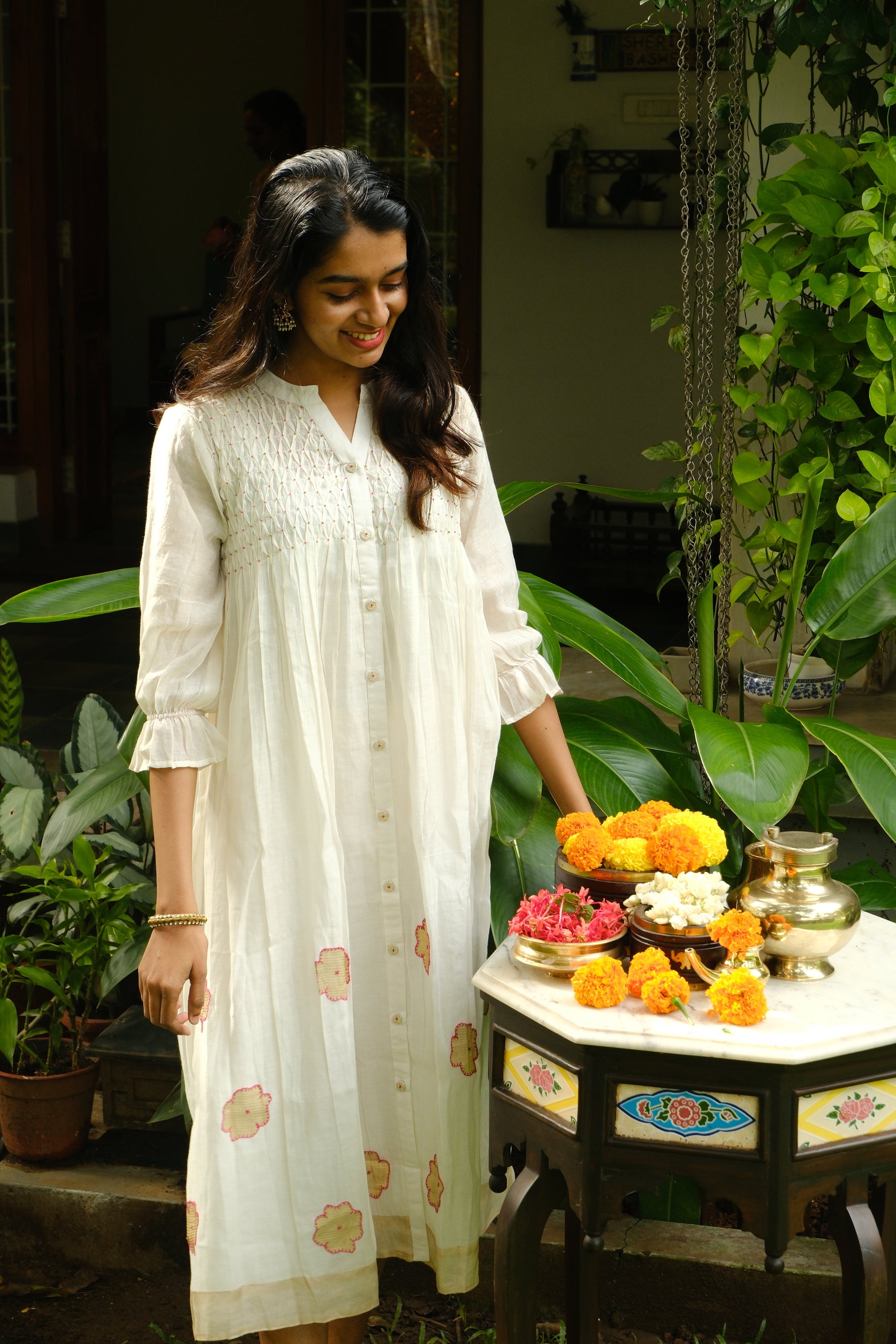 White Chanderi dress with Applique work