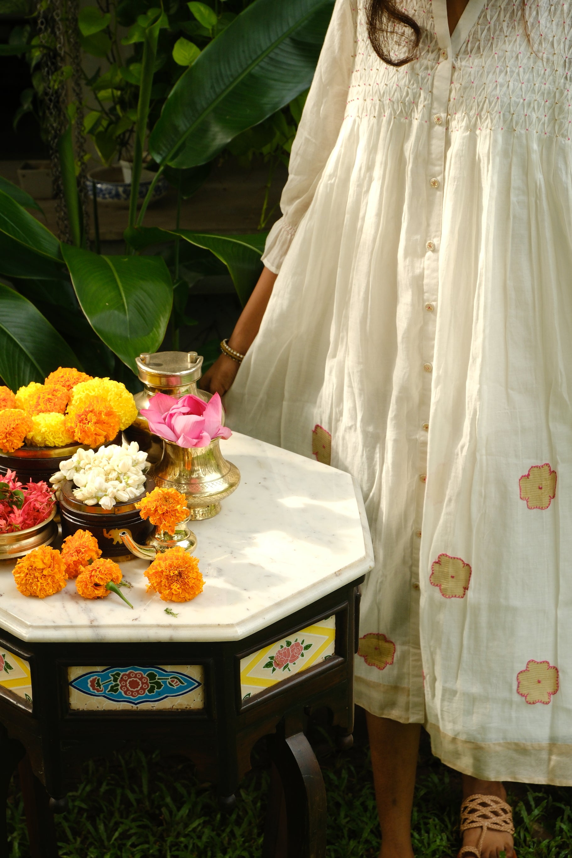 White Chanderi dress with Applique work