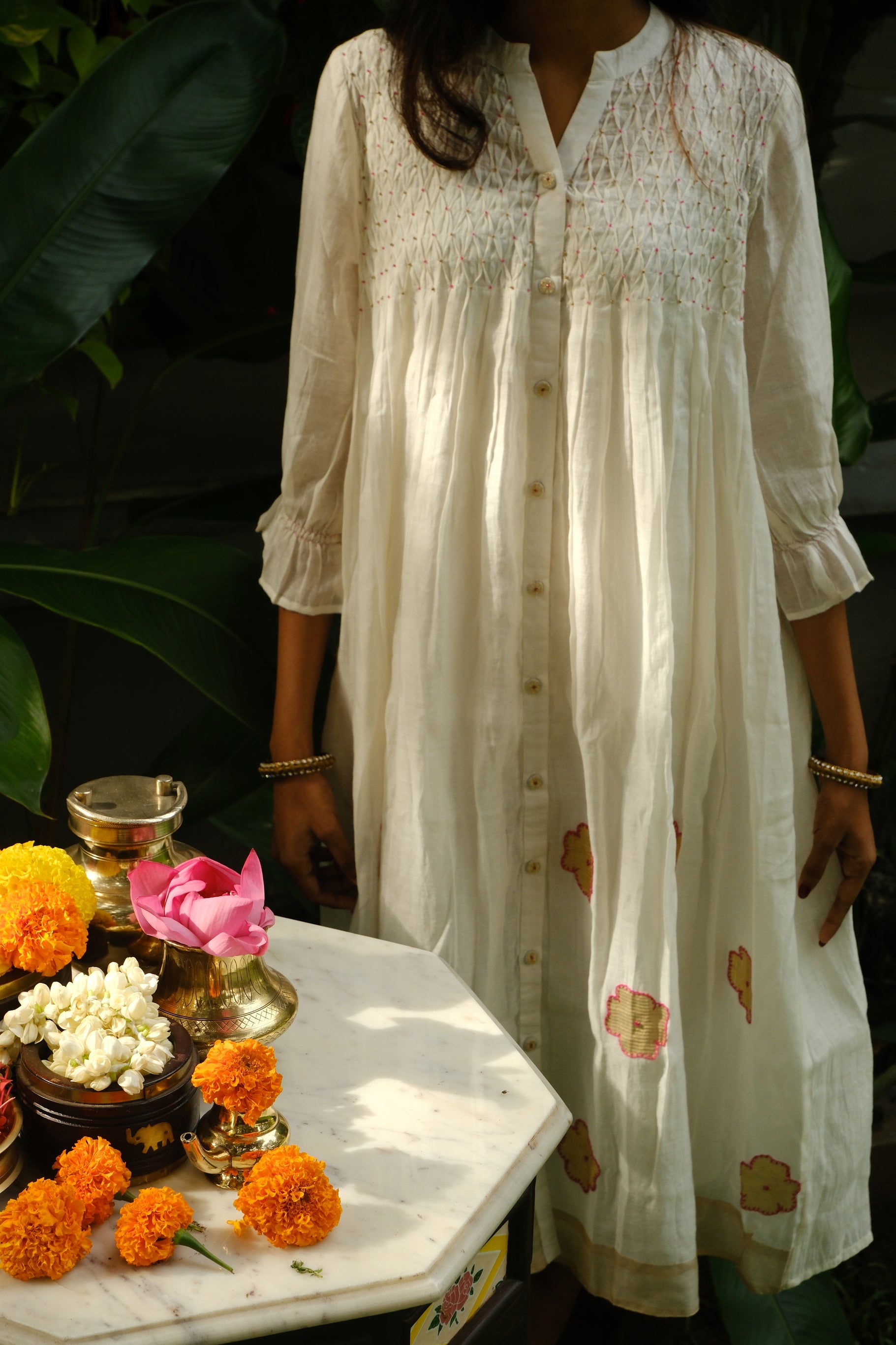 White Chanderi dress with Applique work