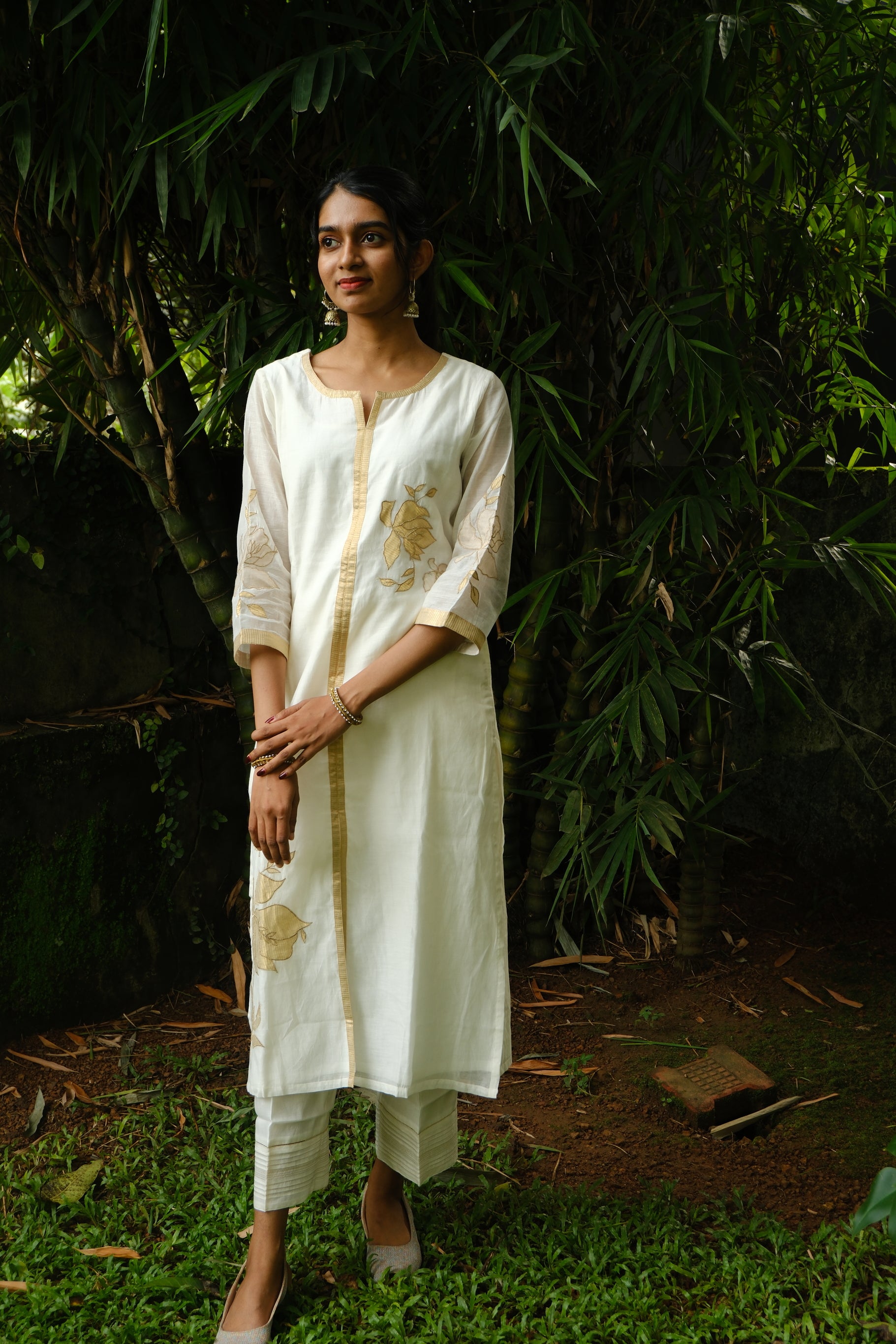 White Chanderi Silk w/Gold Applique