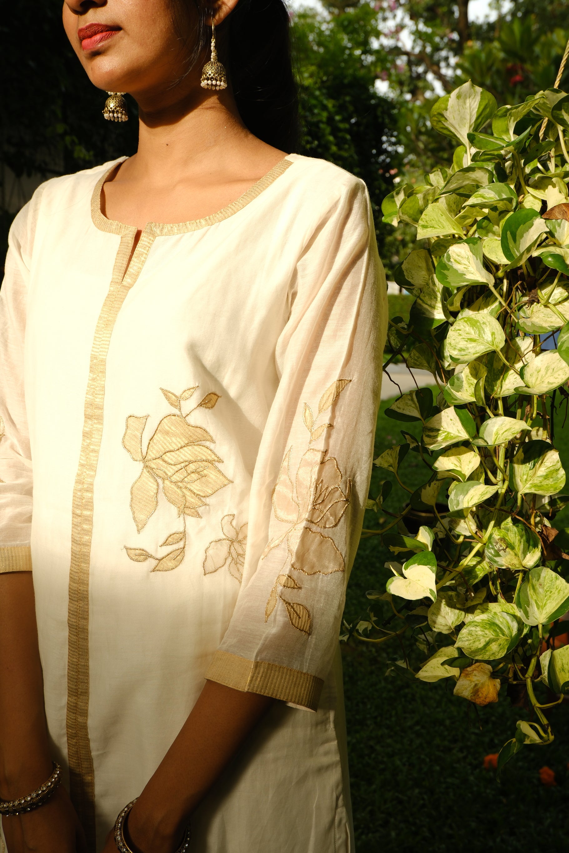 White Chanderi Silk w/Gold Applique
