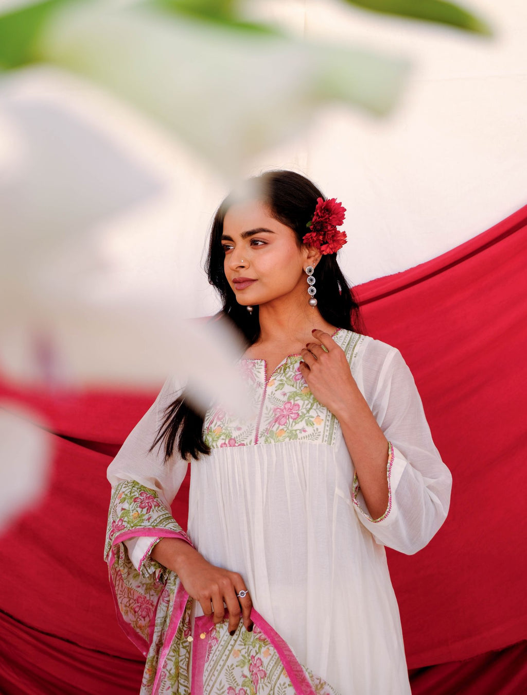 Peacock Flower Anarkali Kurta Set - Pink