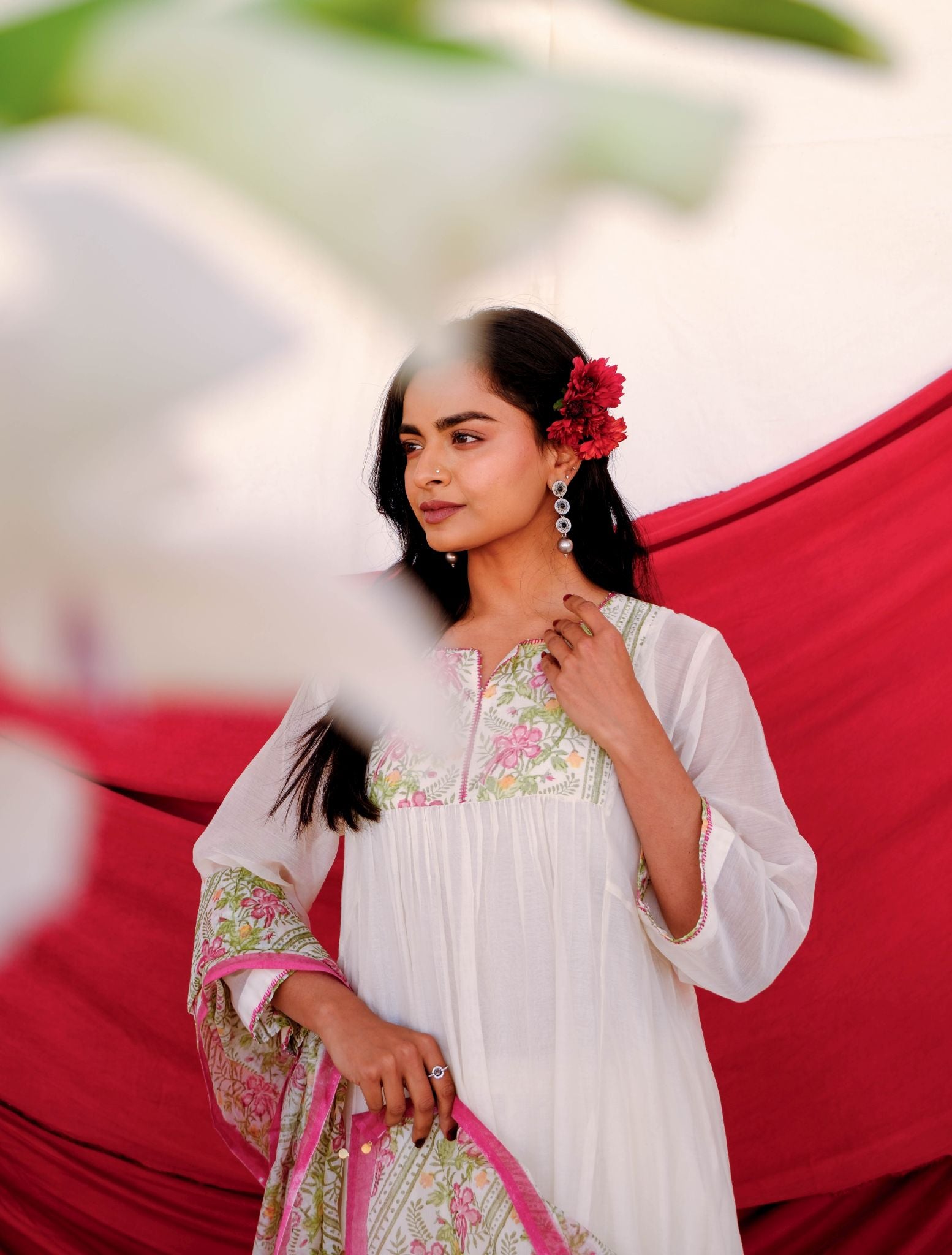 Peacock Flower Anarkali Kurta Set - Pink