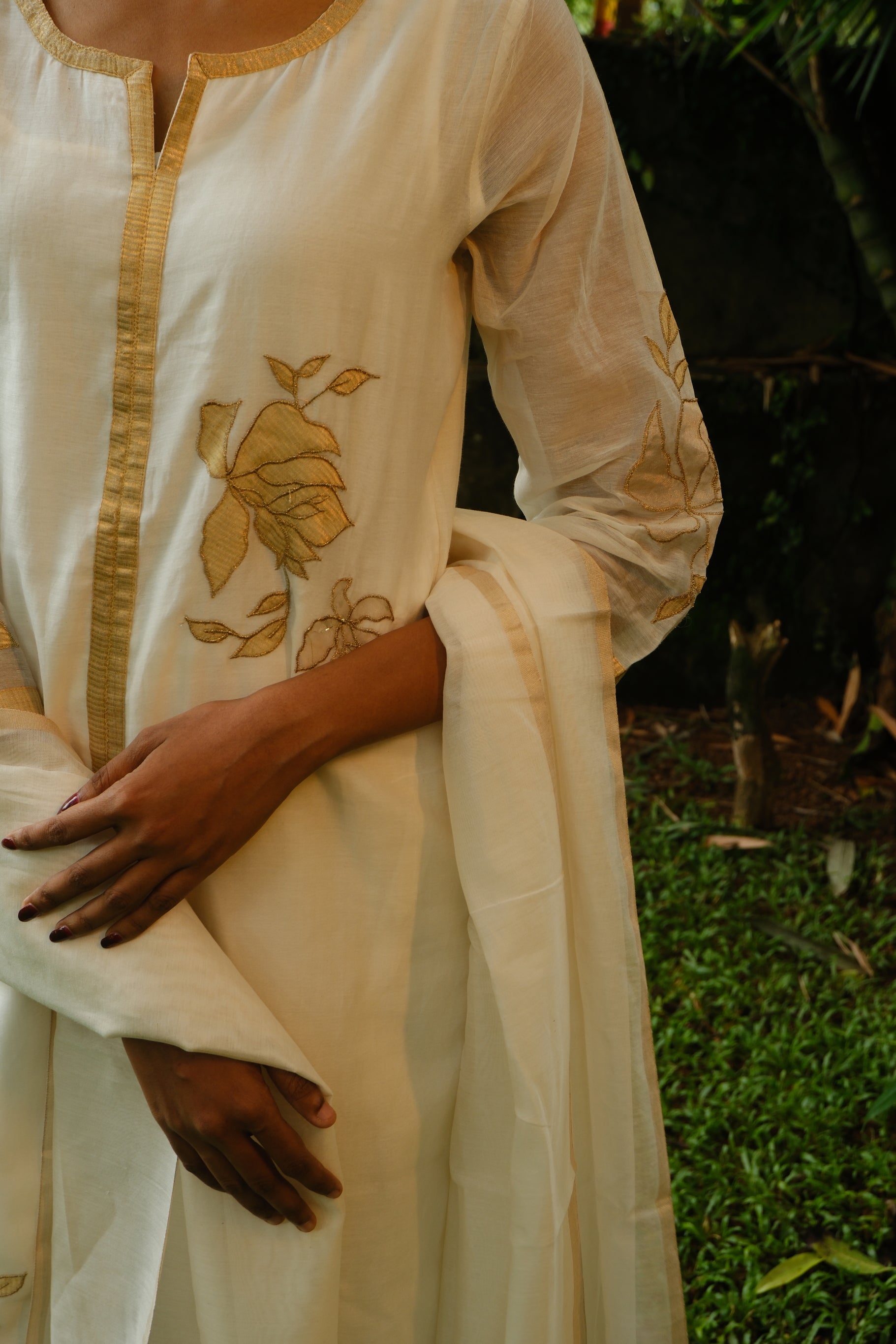 White Chanderi Silk w/Gold Applique