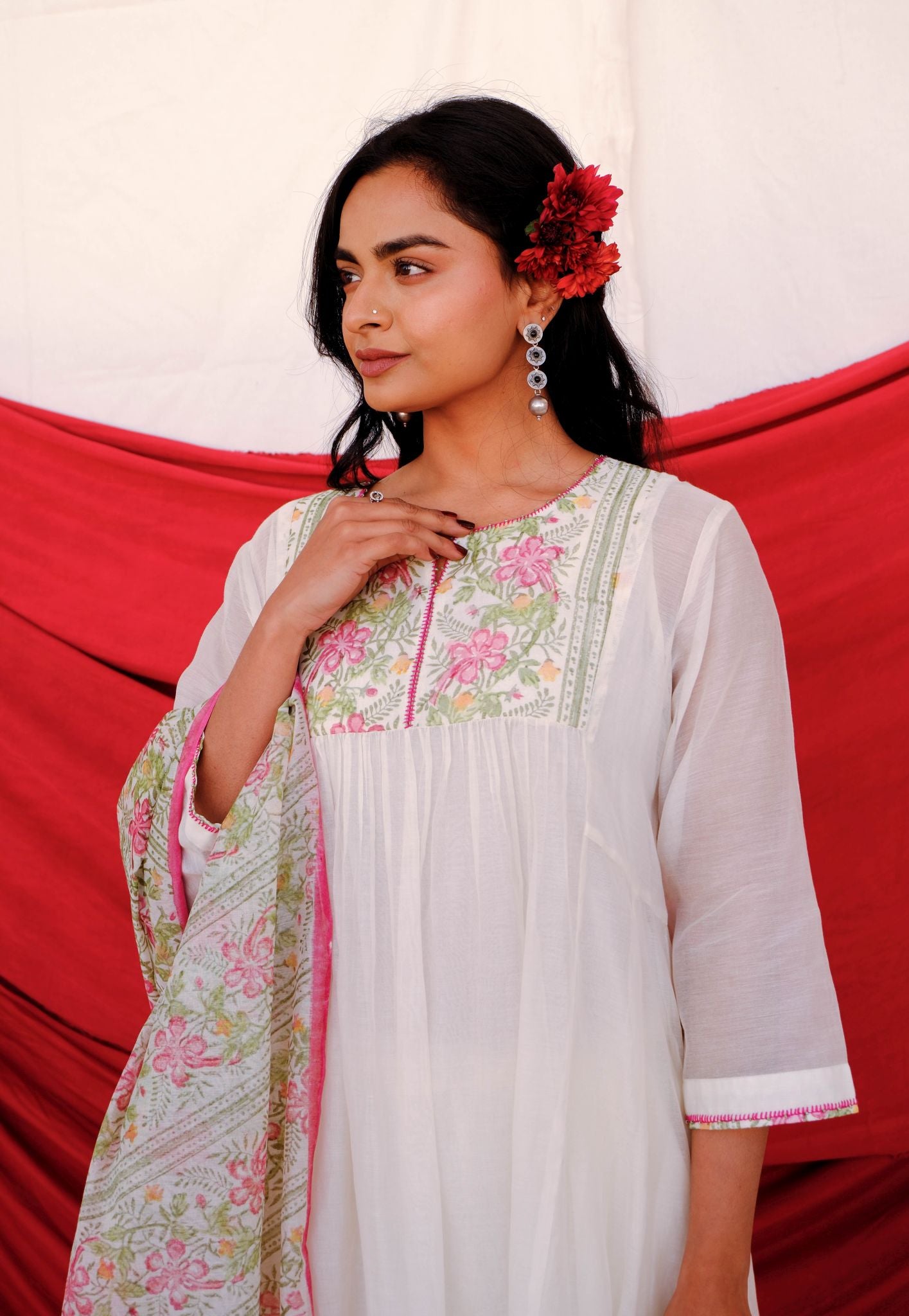 Peacock Flower Anarkali Kurta Set - Pink