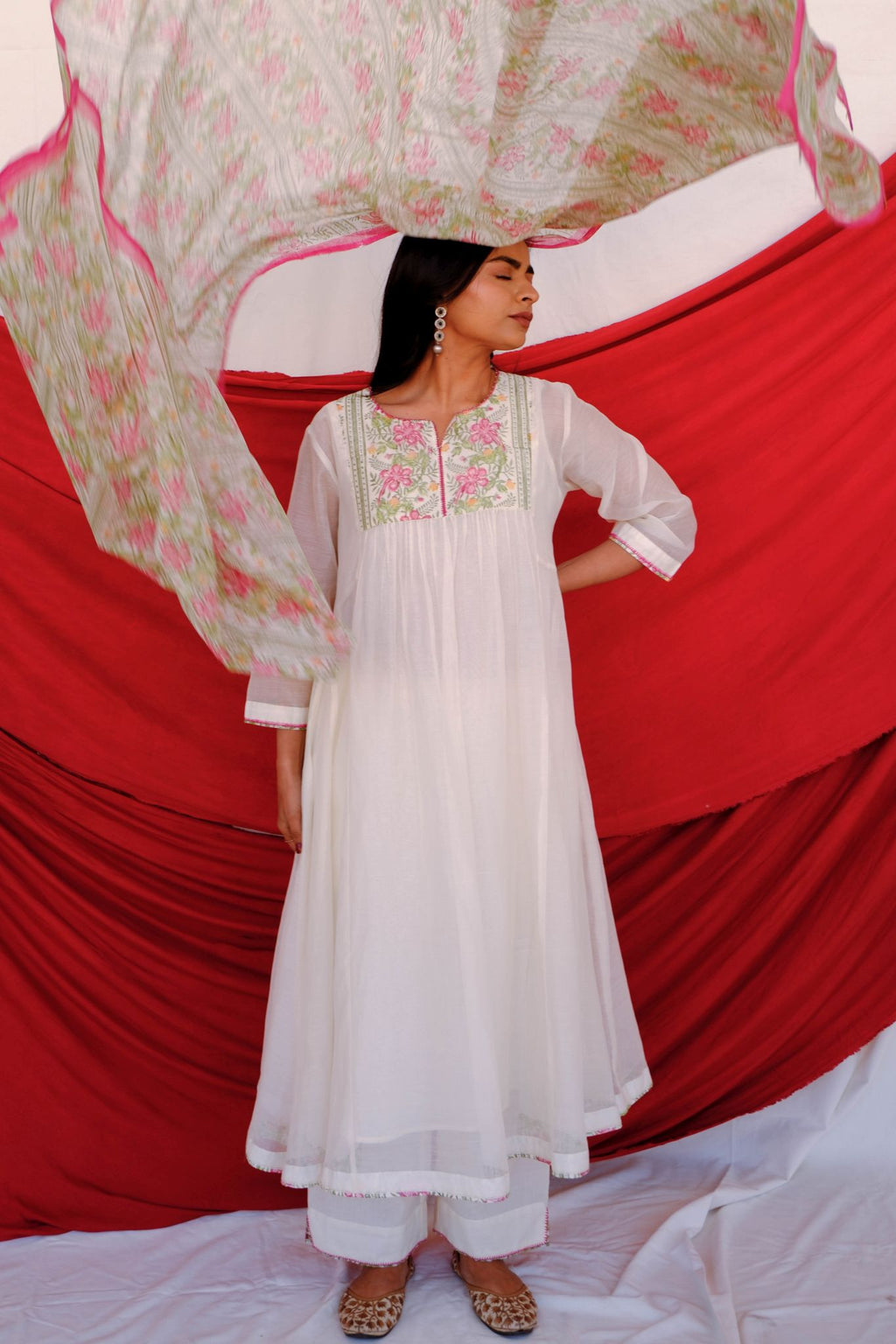 Peacock Flower Anarkali Kurta Set - Pink