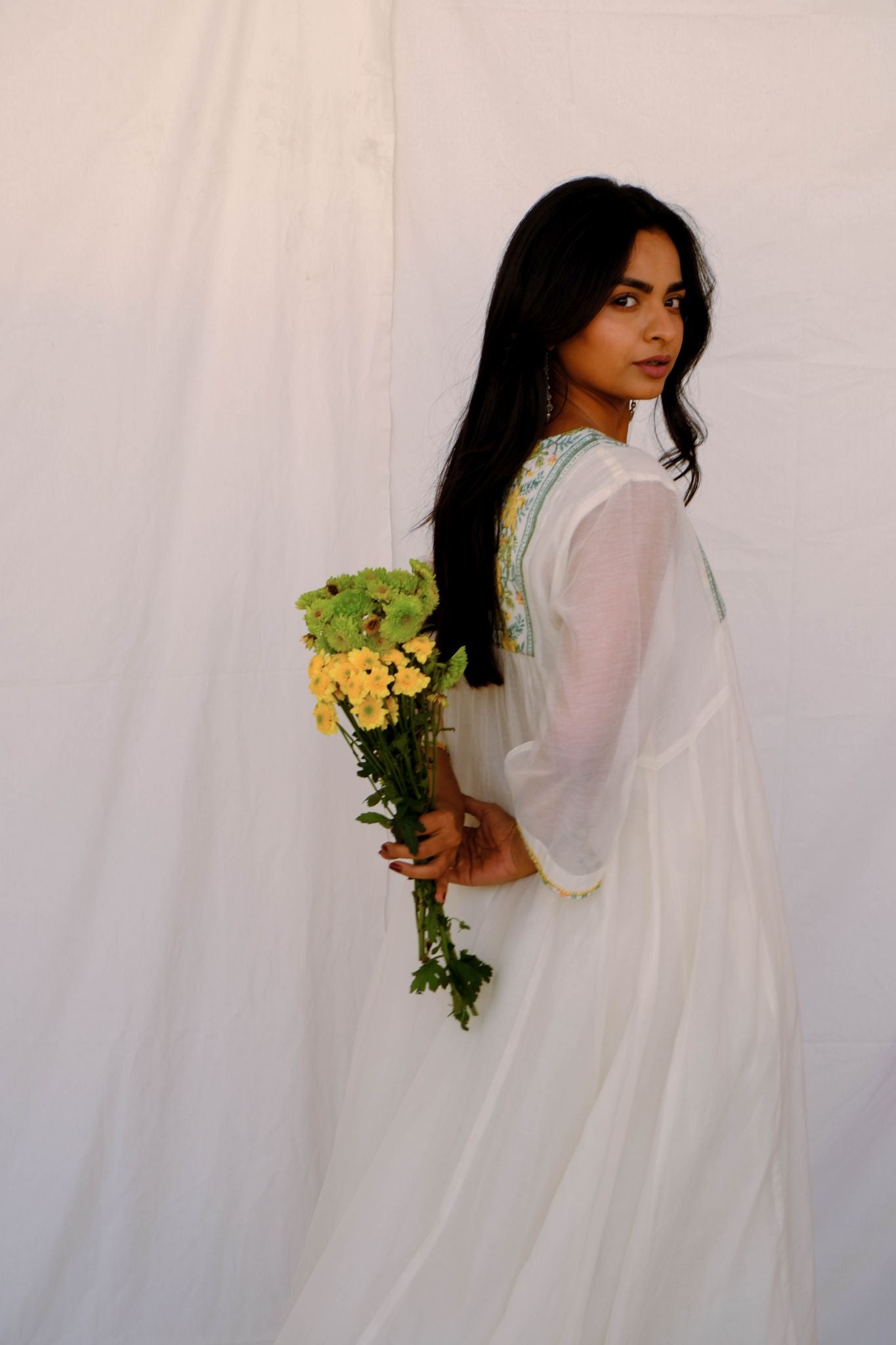 Peacock Flower Anarkali Kurta Set - Yellow