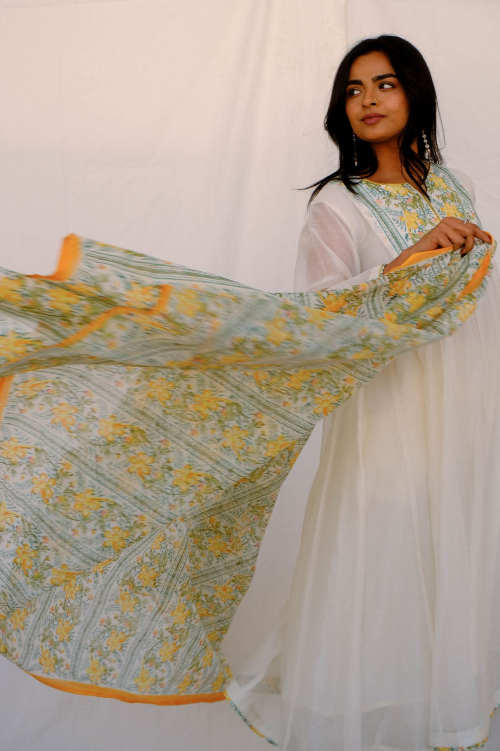 Peacock Flower Anarkali Kurta Set - Yellow