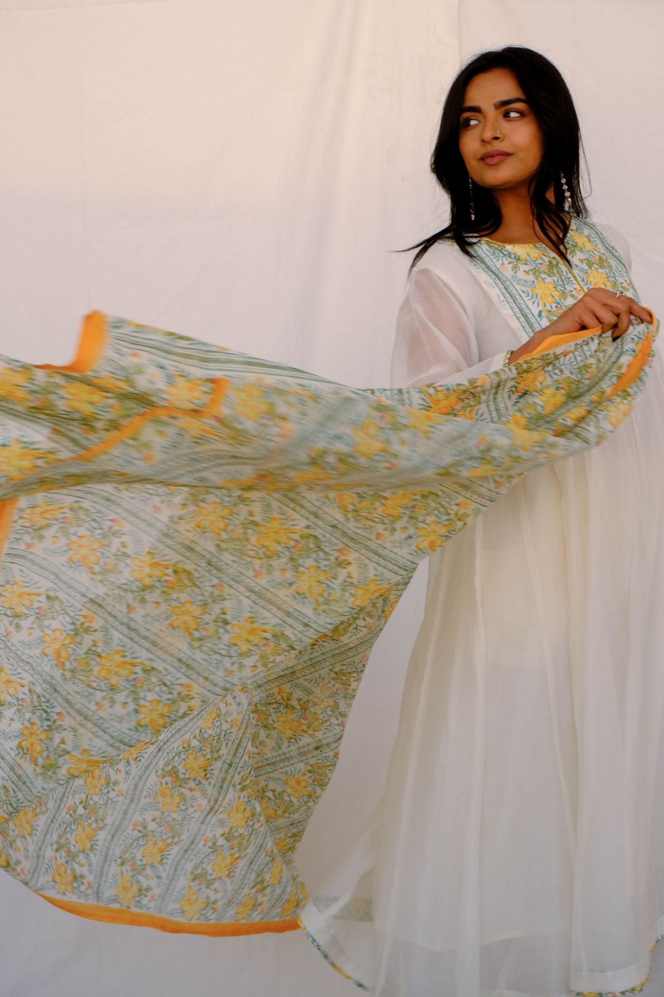 Peacock Flower Anarkali Kurta Set - Yellow