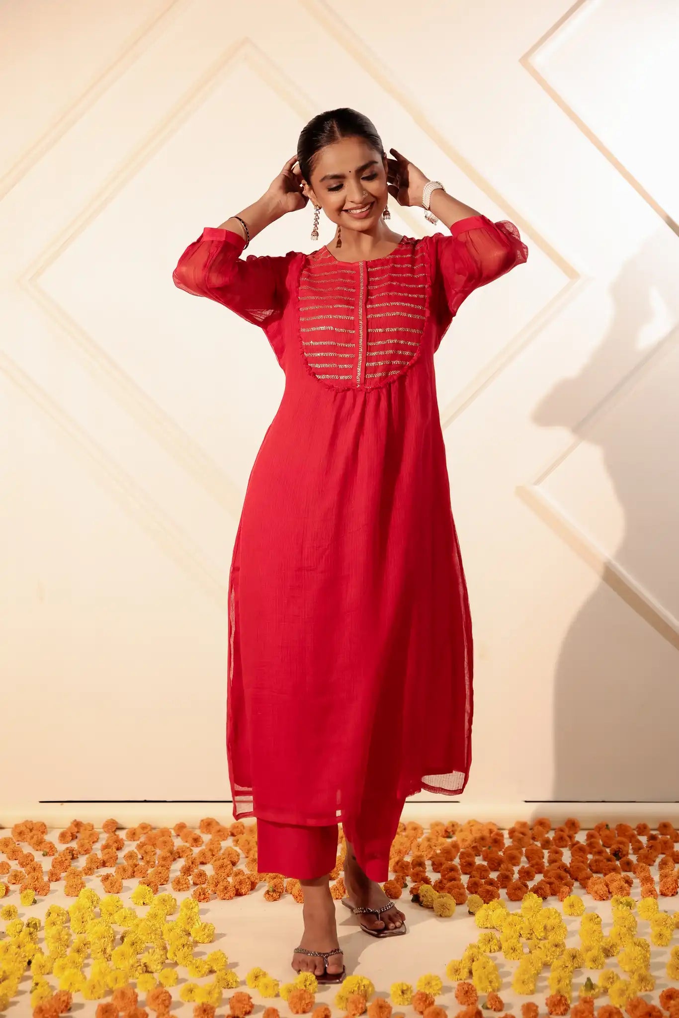 Red Kota Kurta with Rogan art