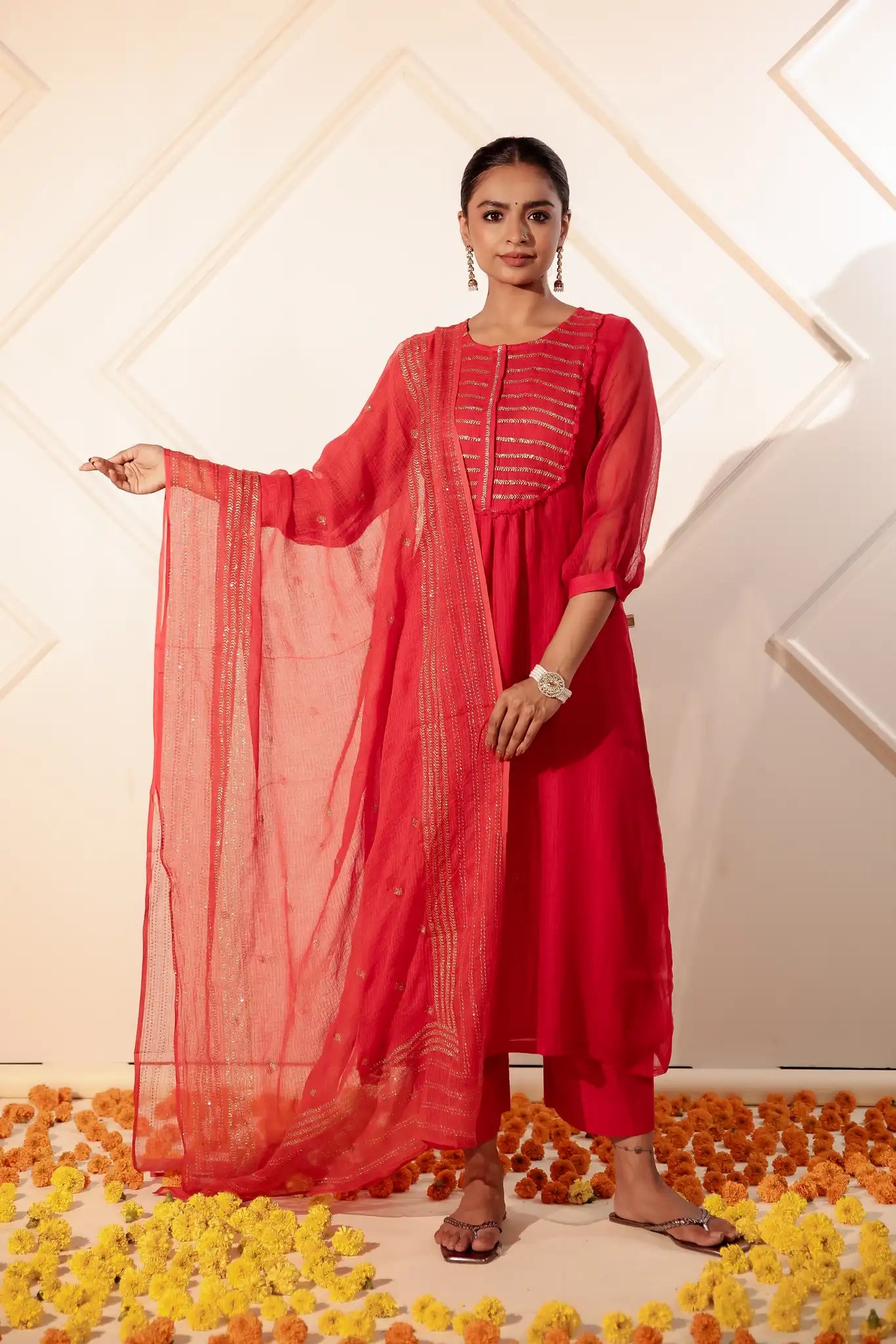 Red Kota Kurta with Rogan art