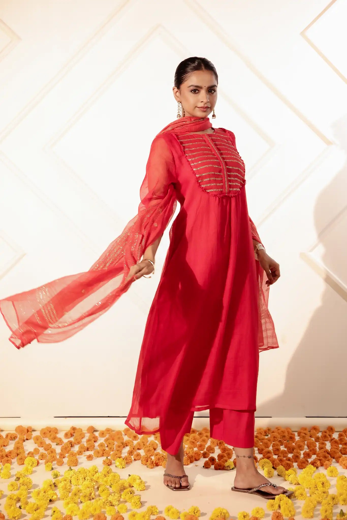 Red Kota Kurta with Rogan art