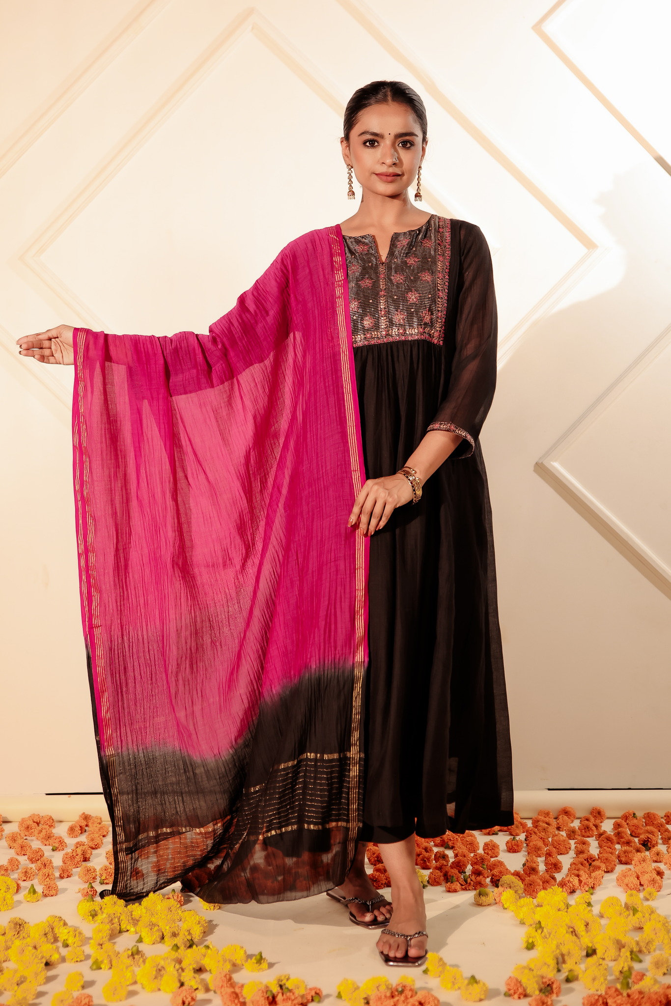 Black Chanderi Kurta with Pitan work
