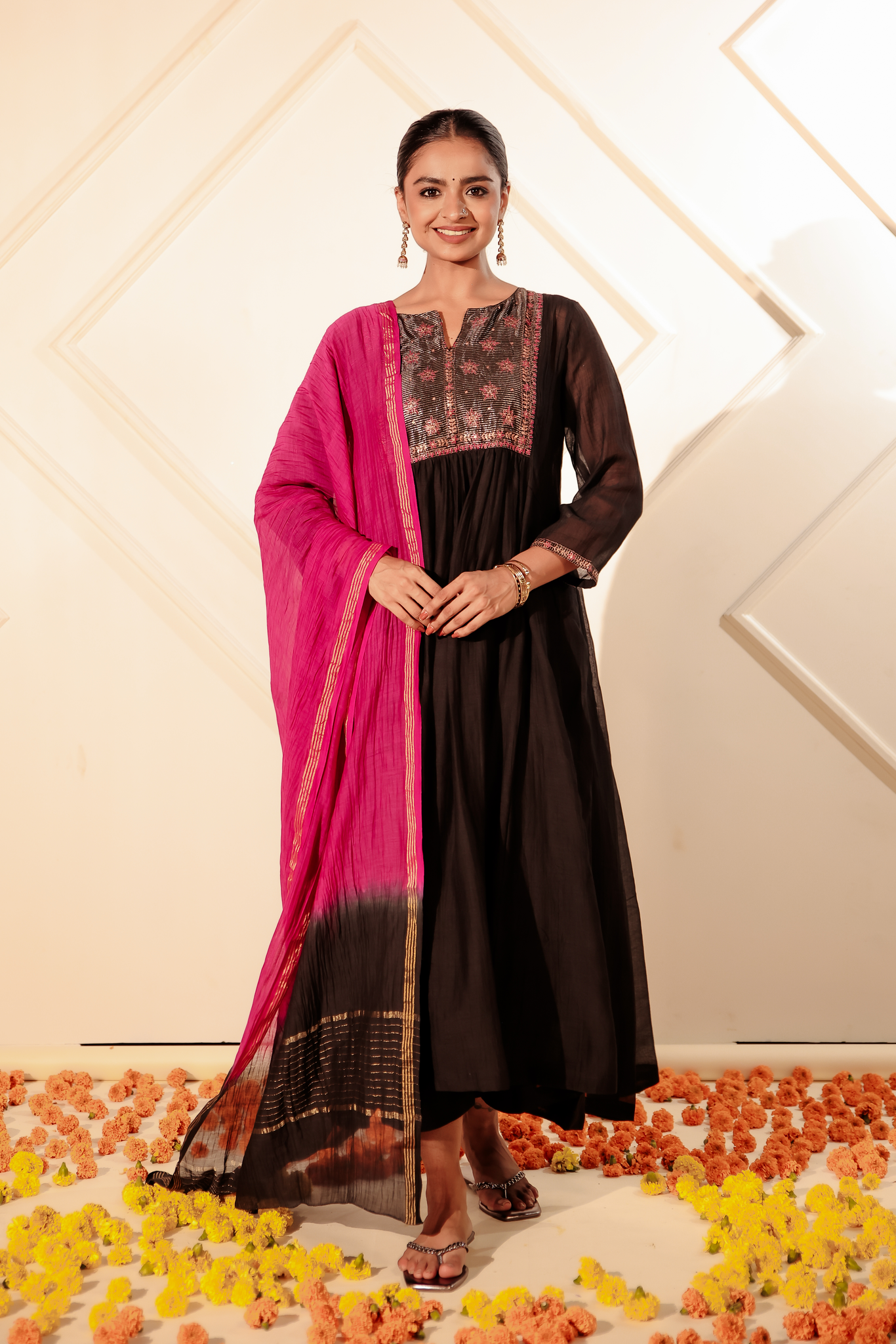 Black Chanderi Kurta with Pitan work