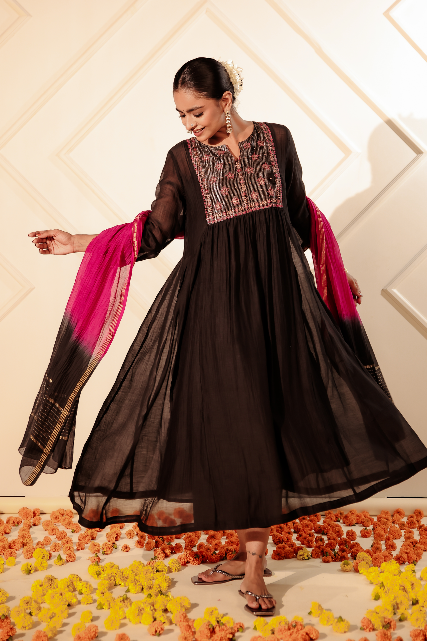 Black Chanderi Kurta with Pitan work