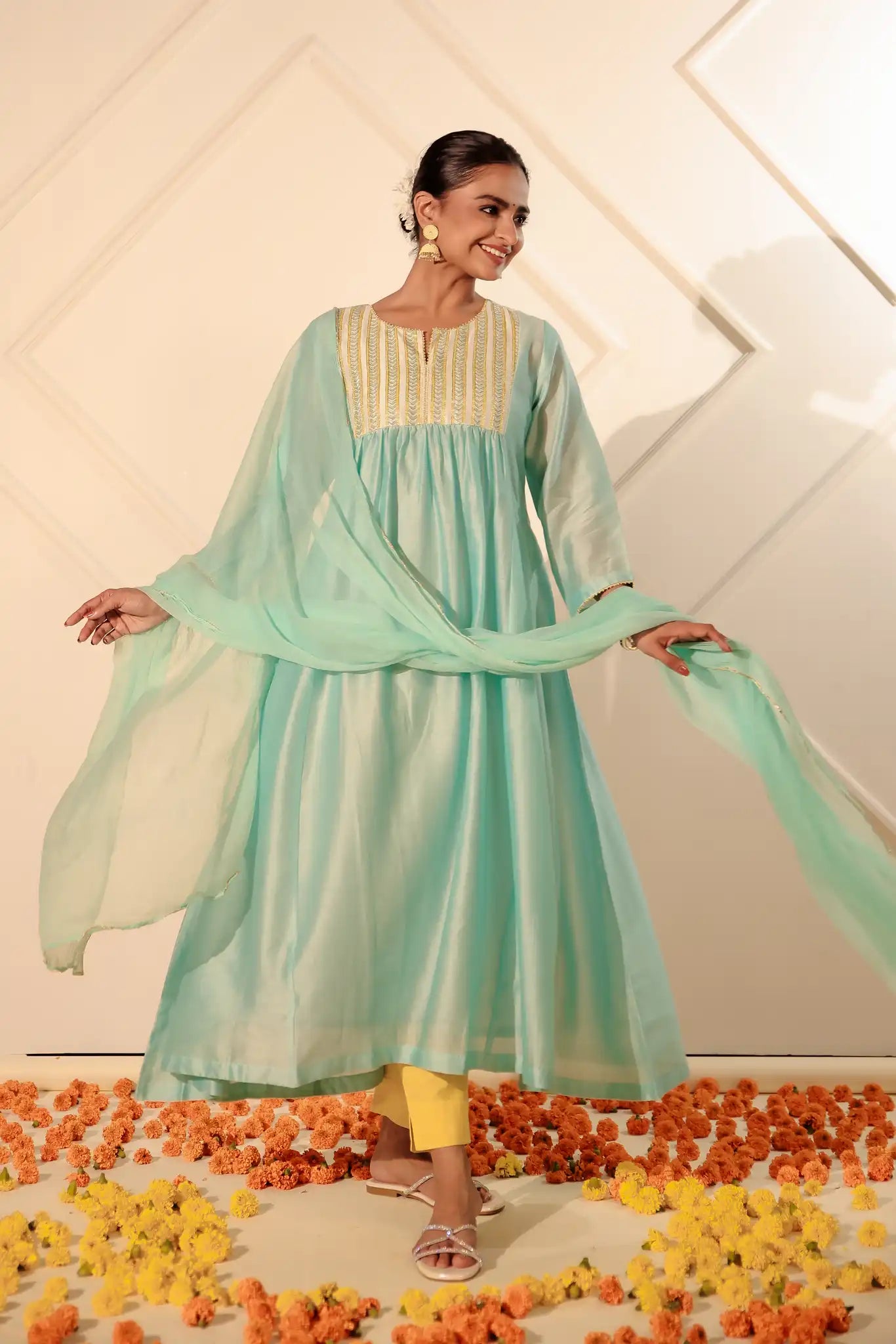 Artic Blue Chanderi Kurta with Pitan Work