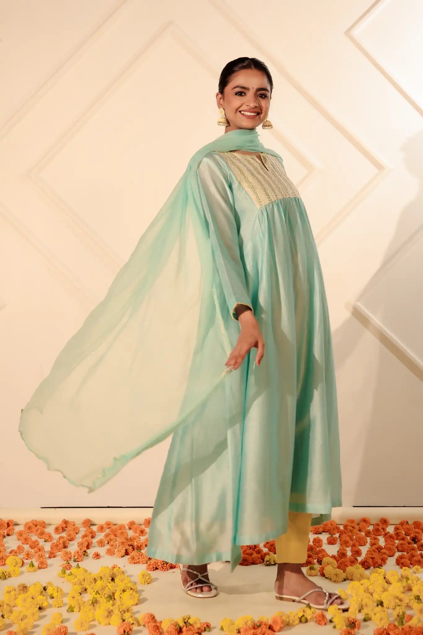 Artic Blue Chanderi Kurta with Pitan Work