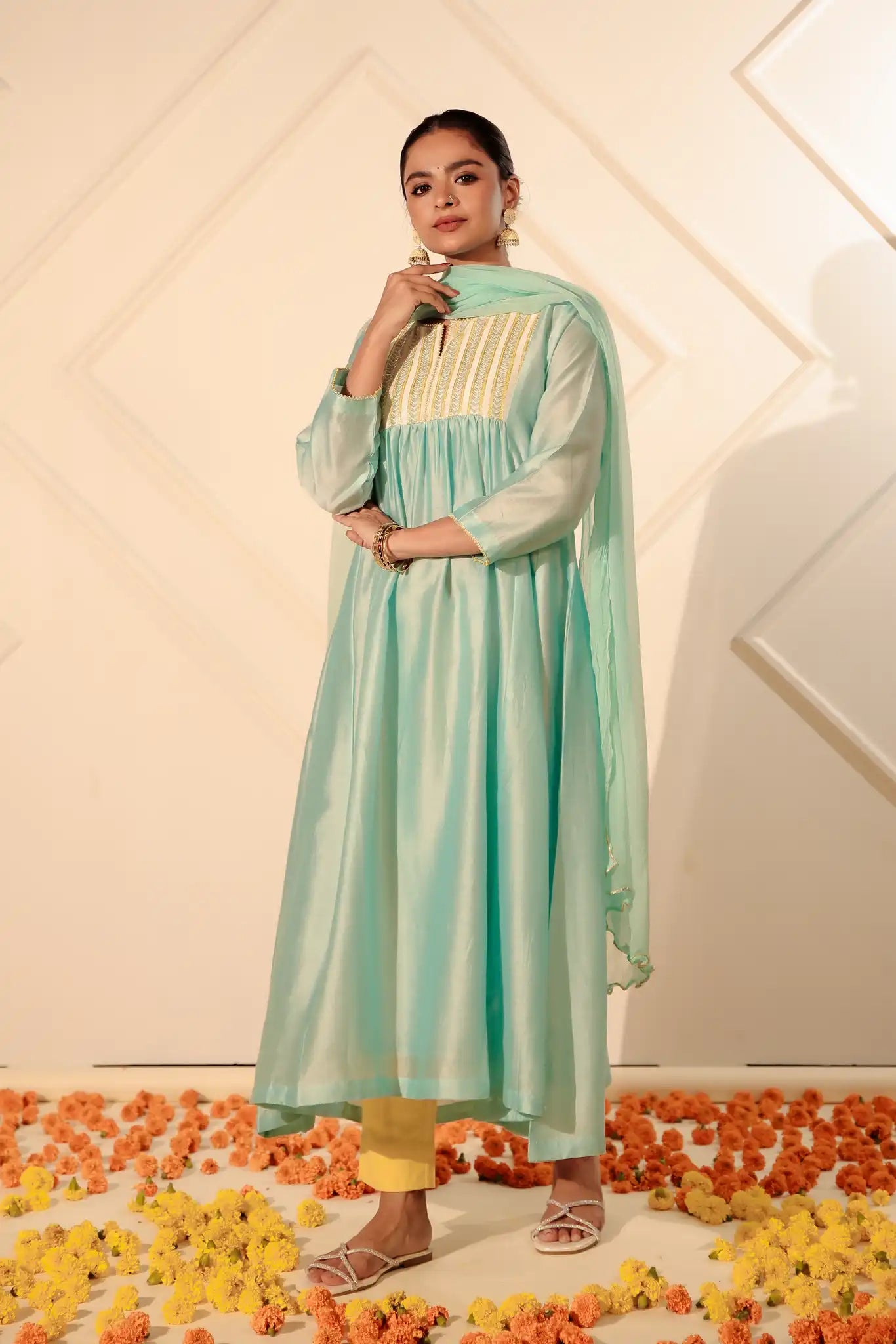Artic Blue Chanderi Kurta with Pitan Work