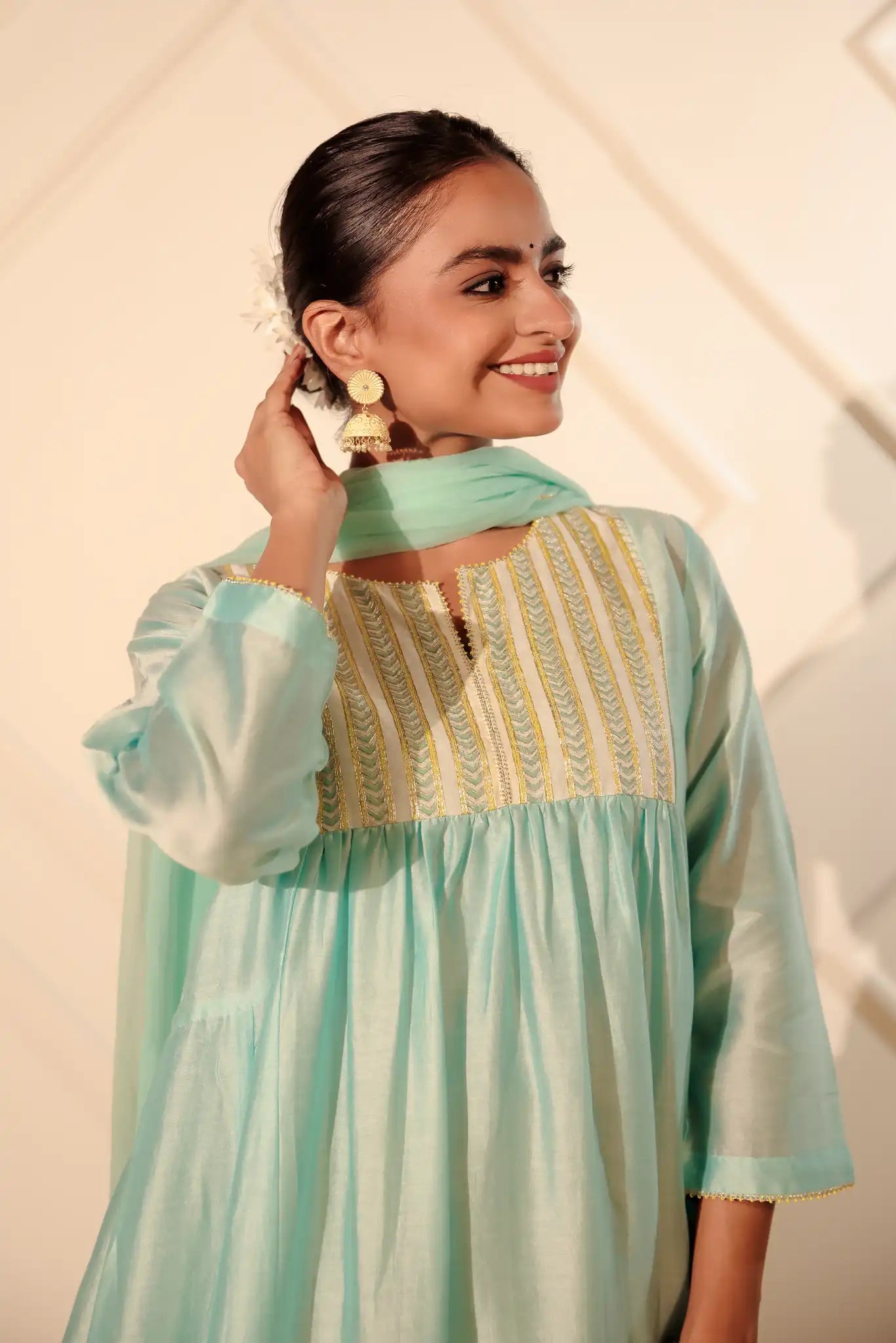 Artic Blue Chanderi Kurta with Pitan Work