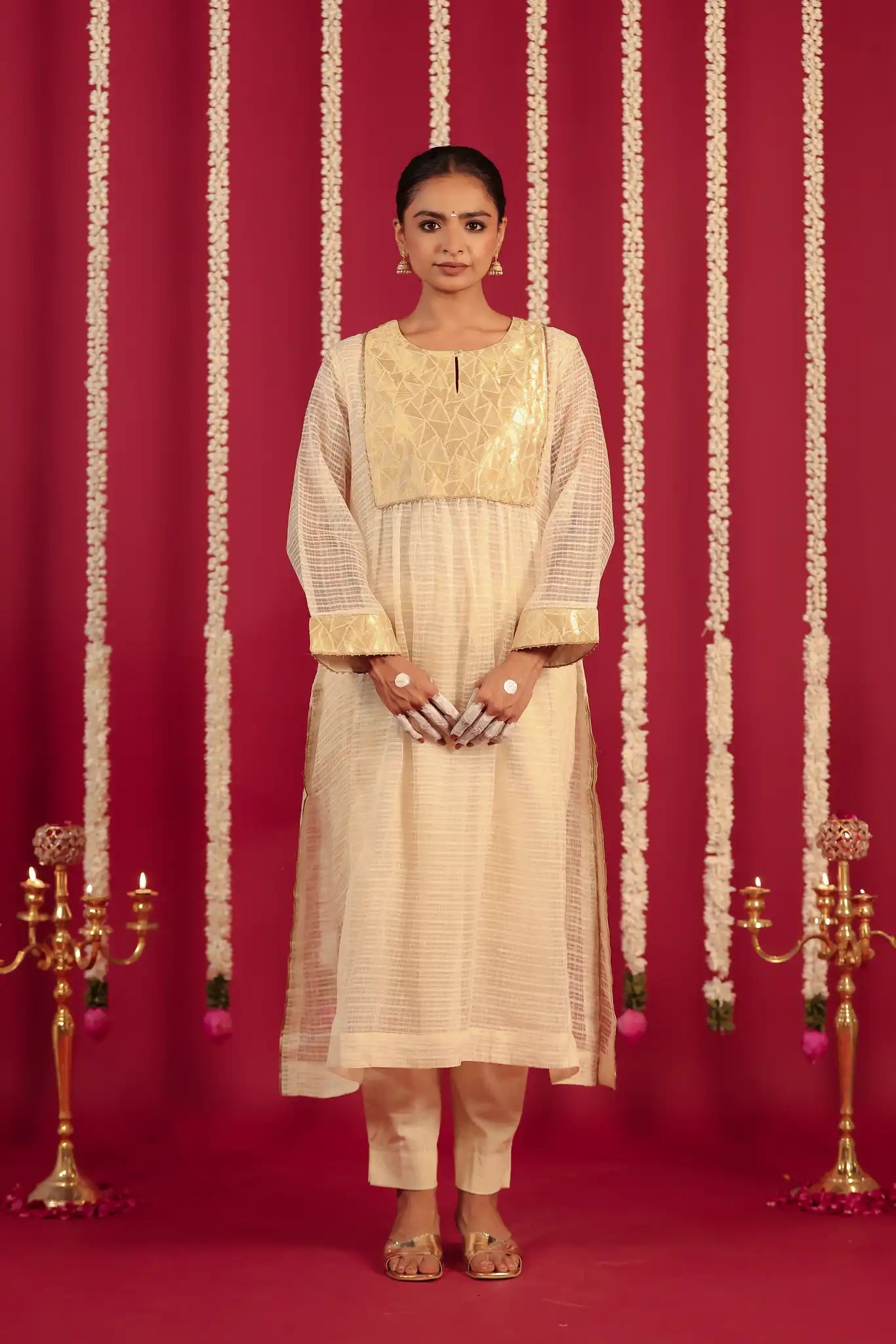 White Moonga silk dress w/ hand work