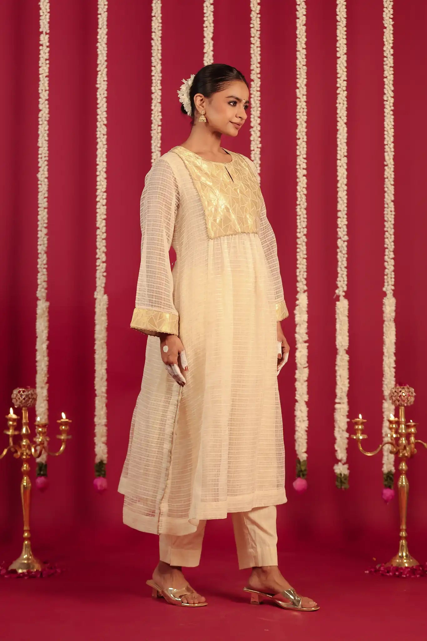 White Moonga silk dress w/ hand work