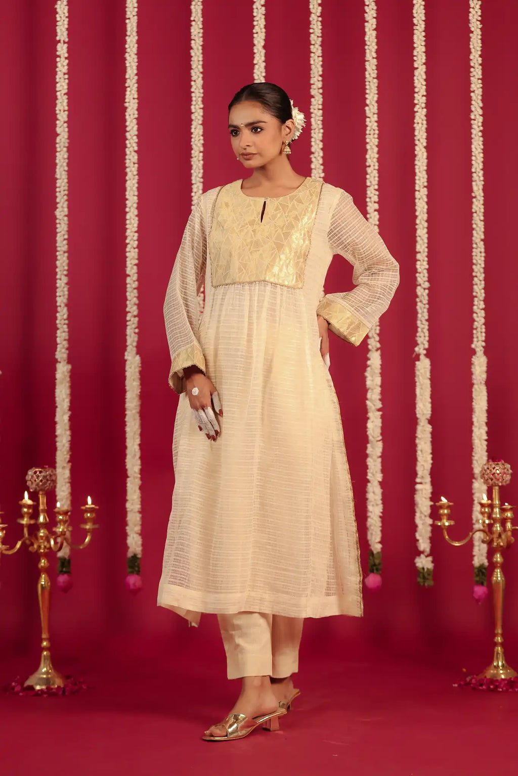 White Moonga silk dress w/ hand work