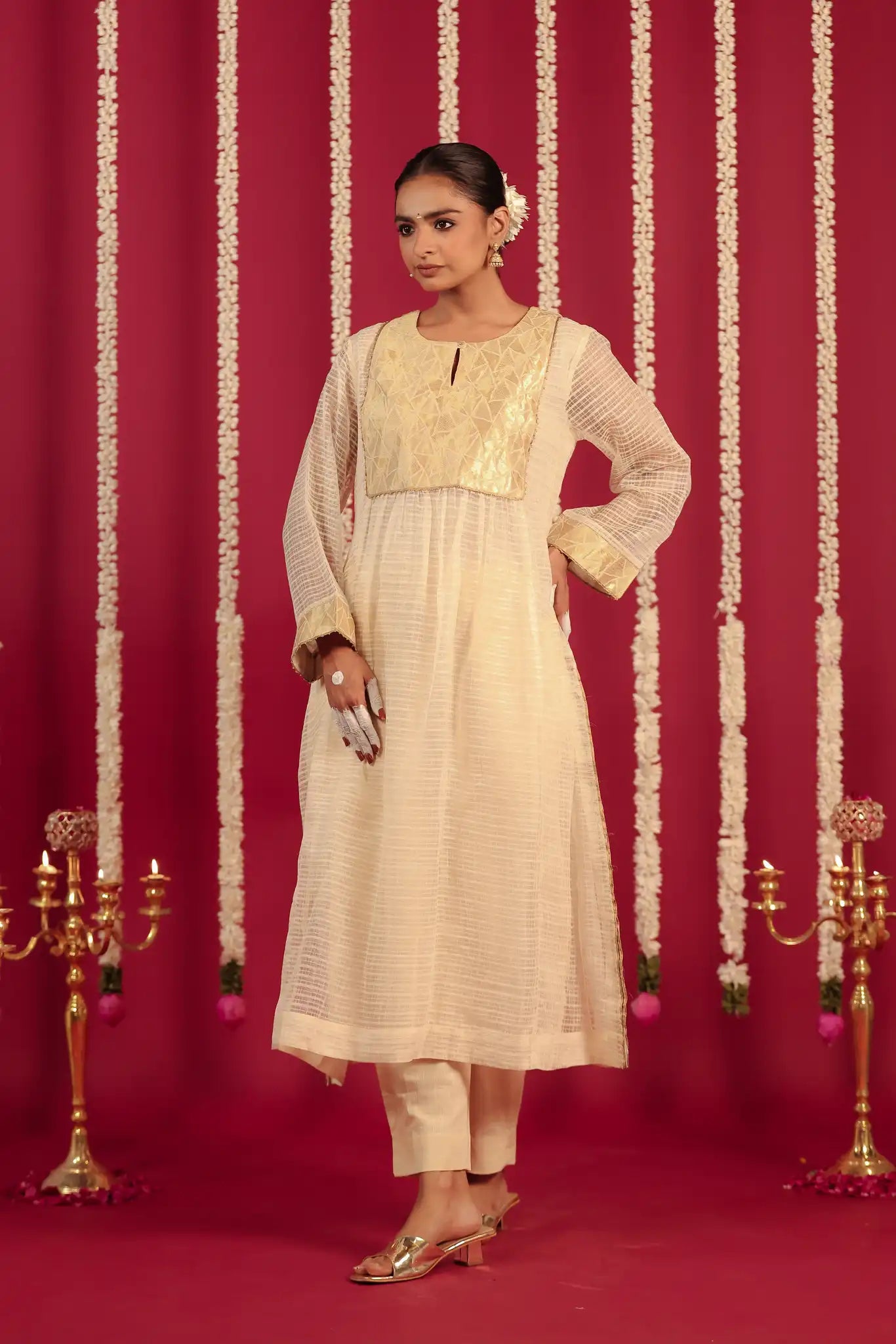 White Moonga silk dress w/ hand work