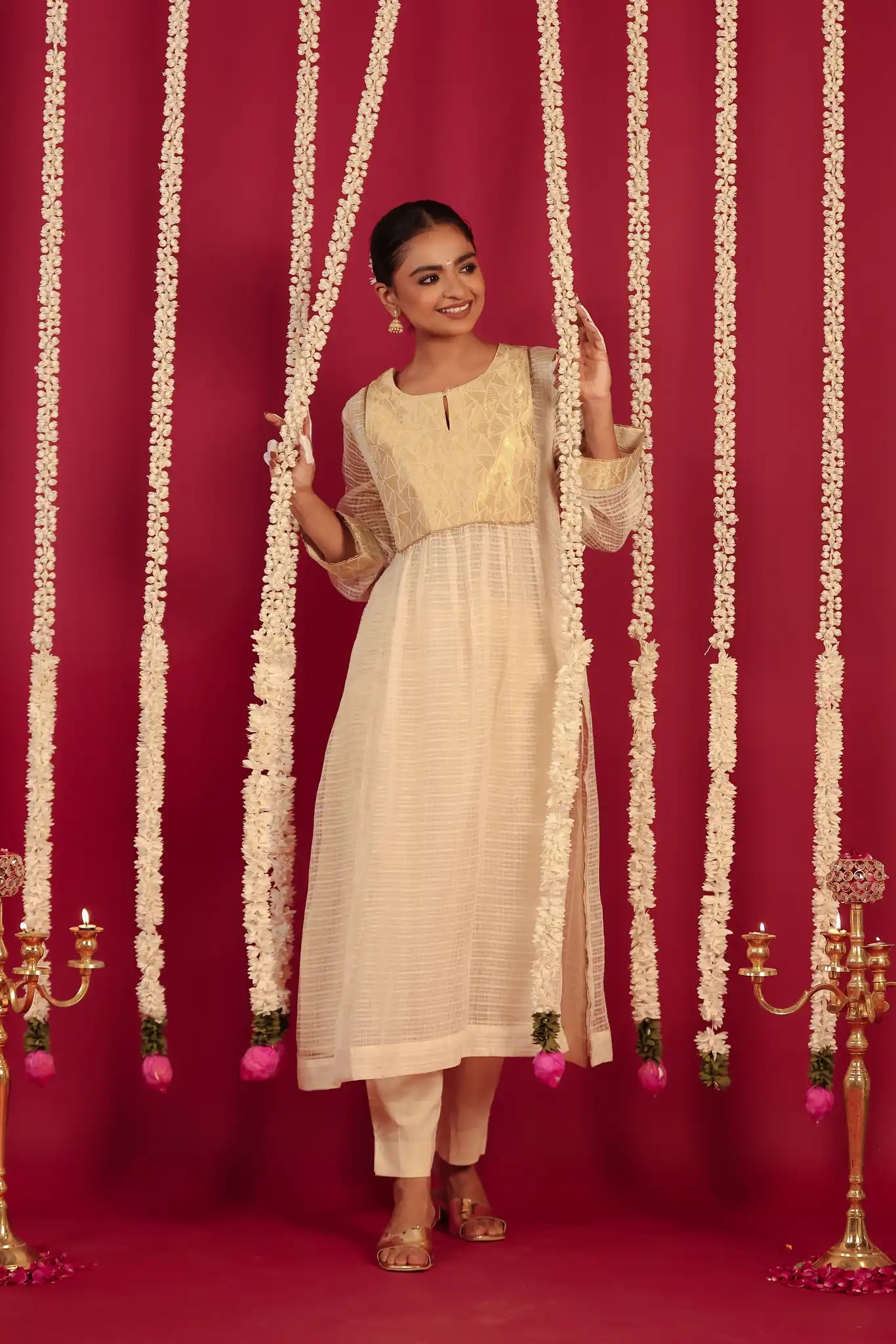 White Moonga silk dress w/ hand work