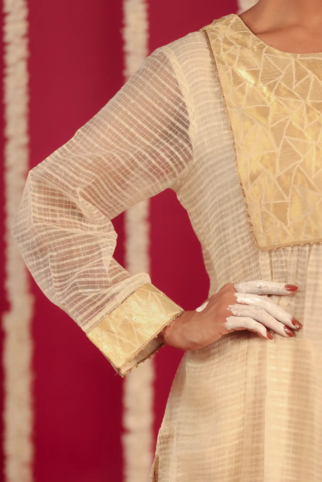 White Moonga silk dress w/ hand work