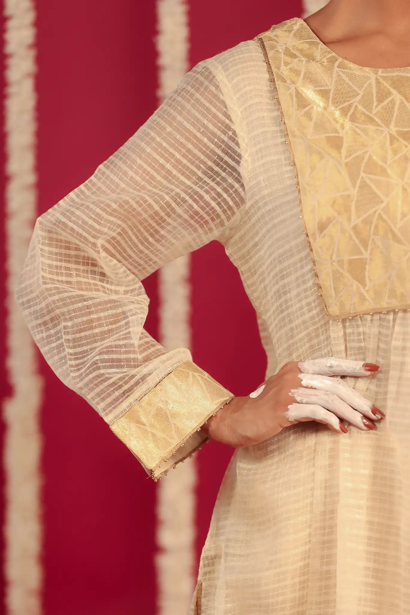 White Moonga silk dress w/ hand work