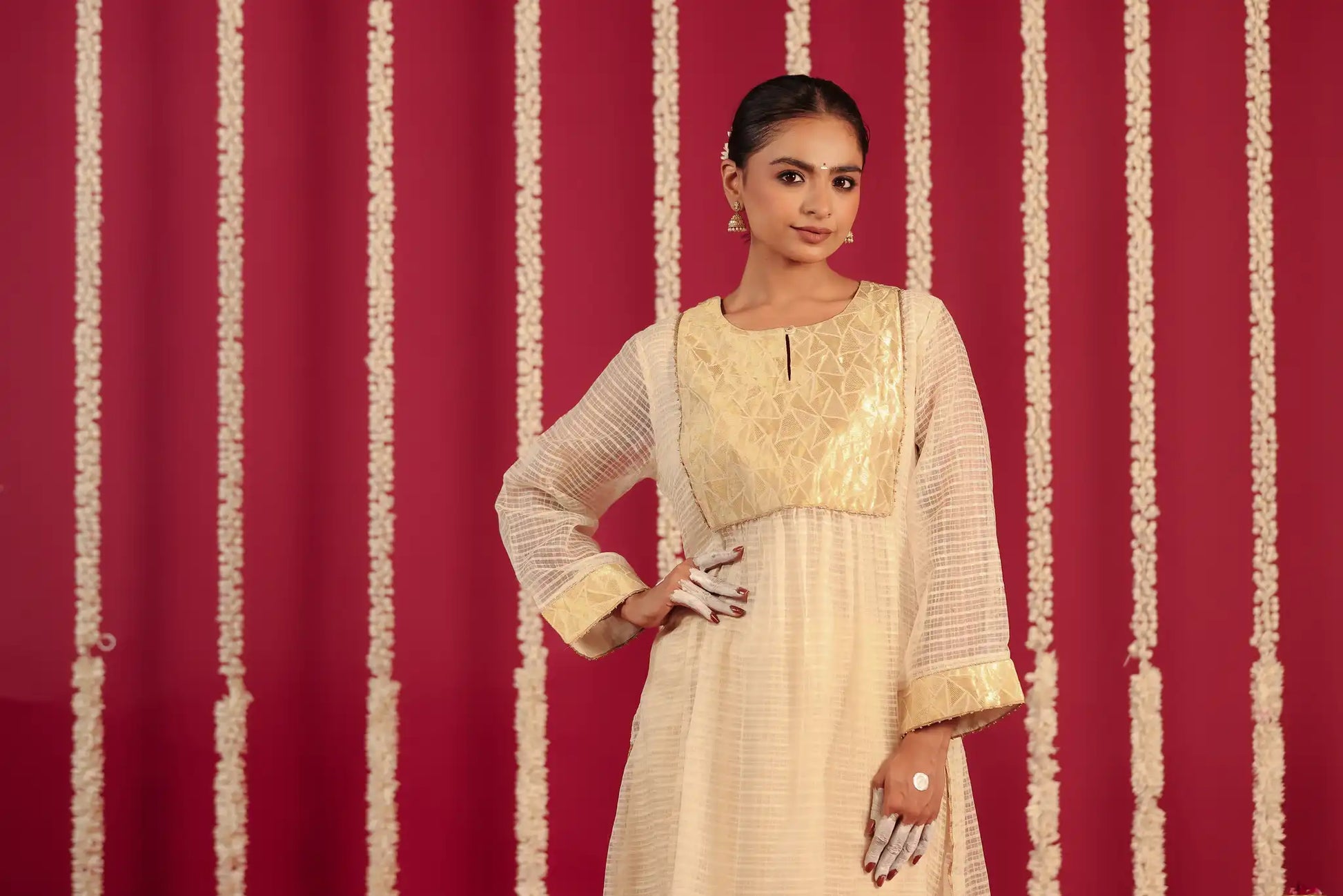 White Moonga silk dress w/ hand work