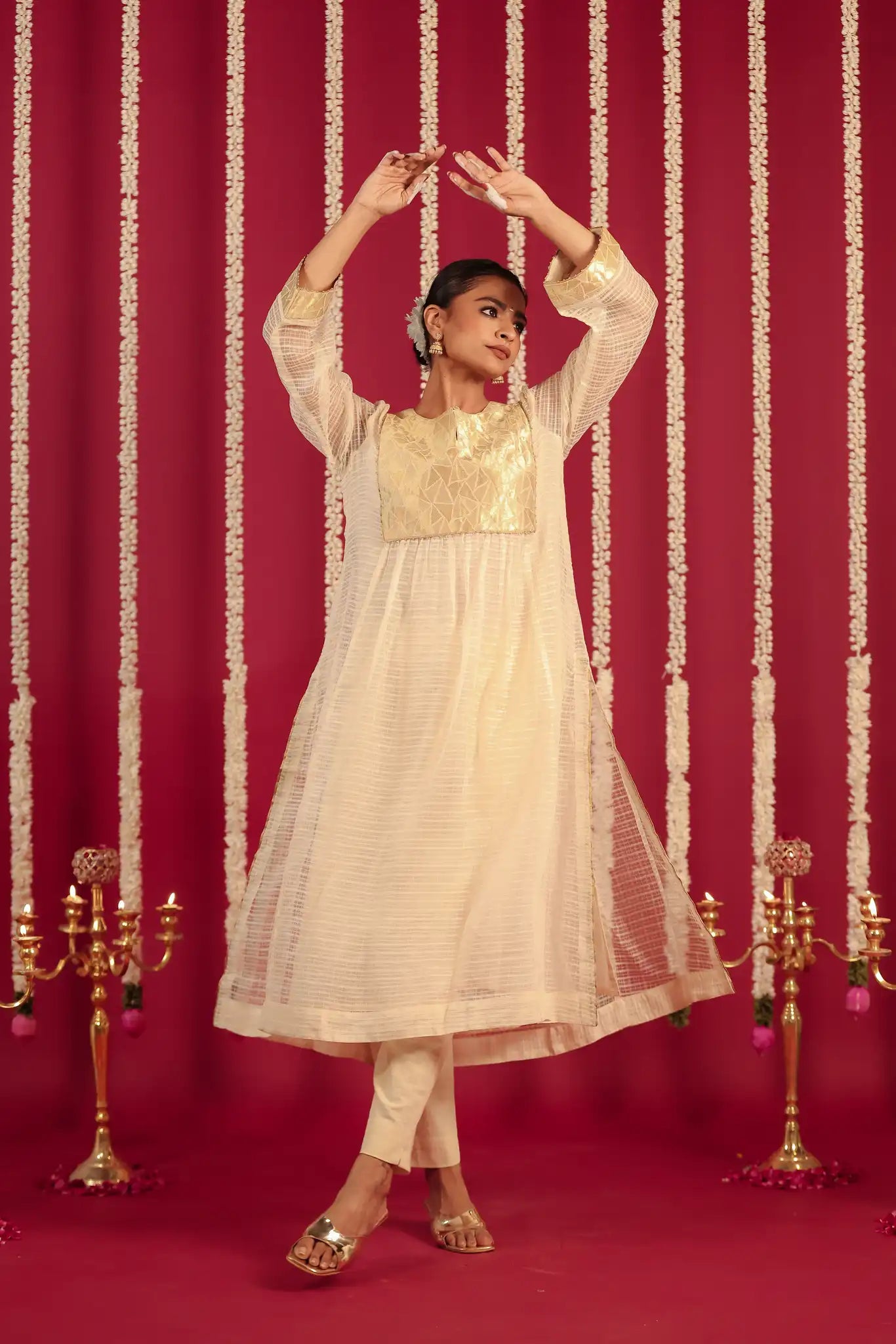 White Moonga silk dress w/ hand work