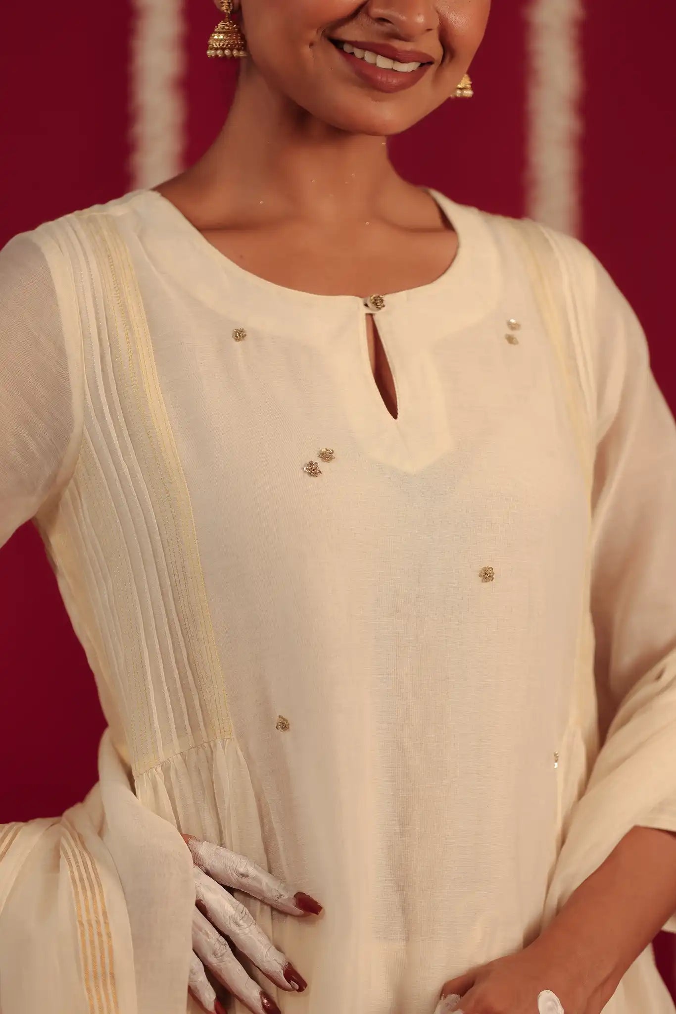 White Chanderi Dress with hand work