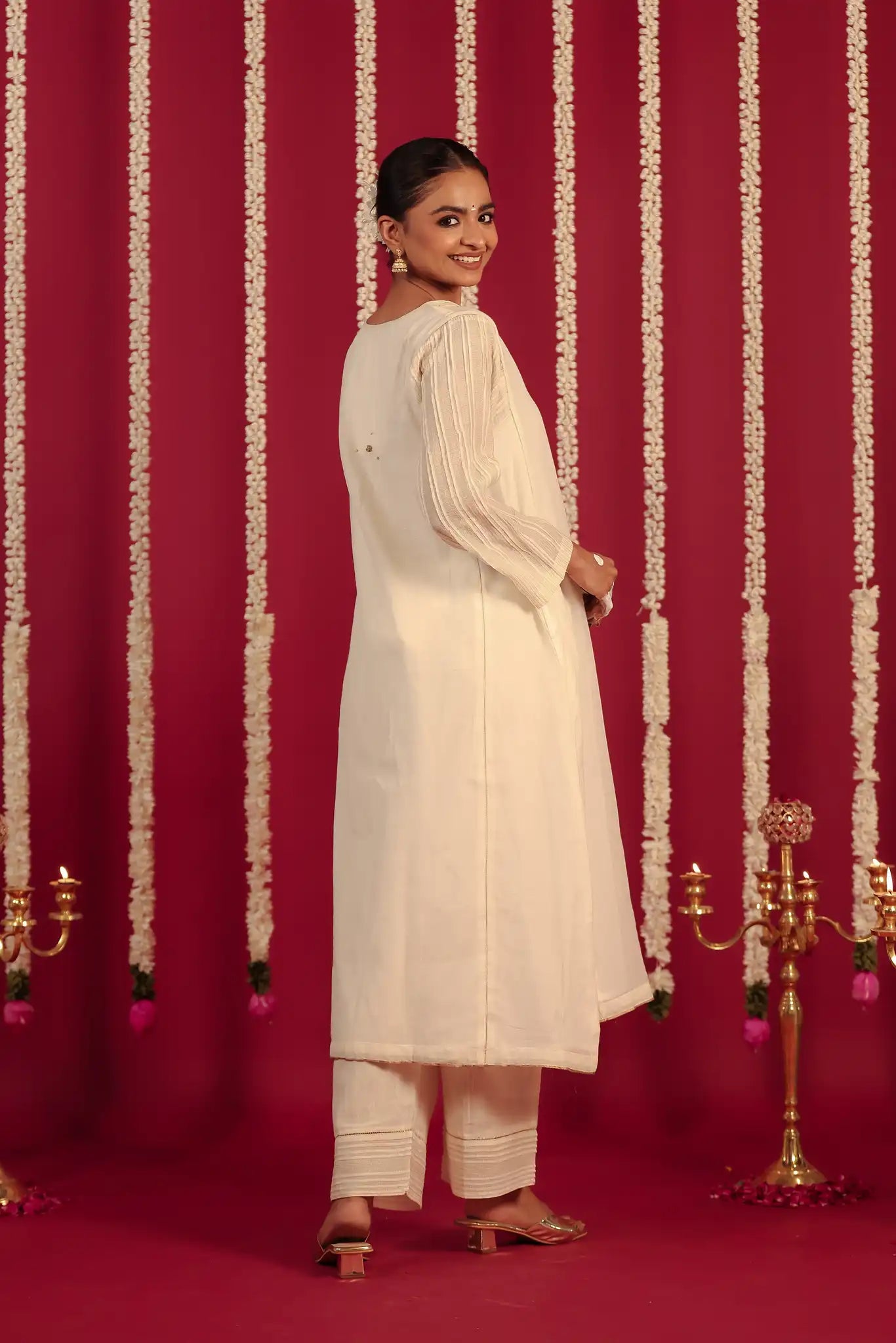 Off White V-neck Chanderi dress w/hand work