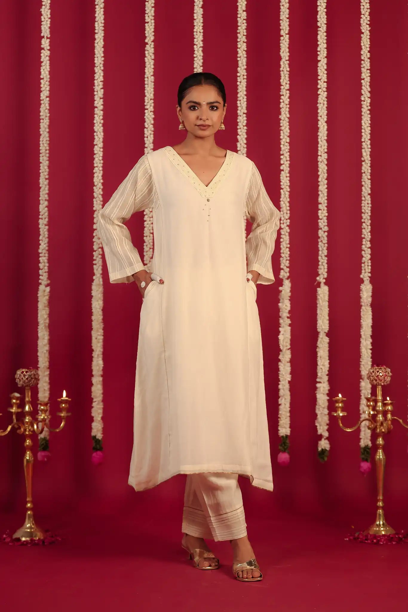 Off White V-neck Chanderi dress w/hand work