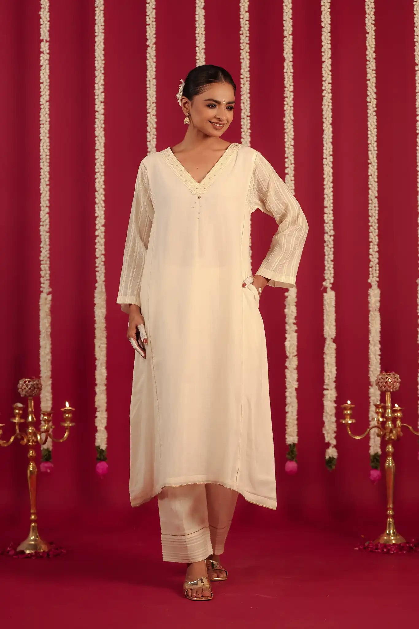 Off White V-neck Chanderi dress w/hand work