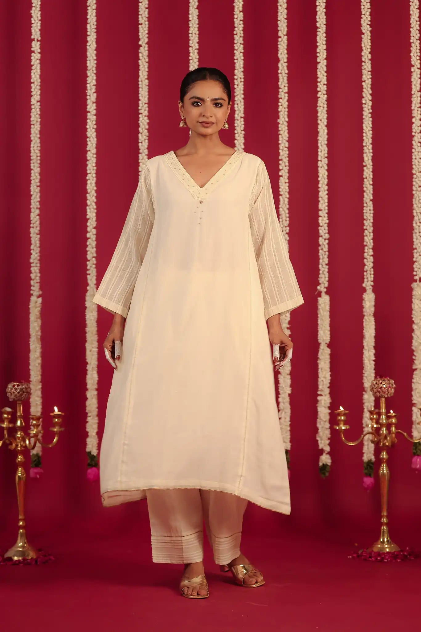 Off White V-neck Chanderi dress w/hand work