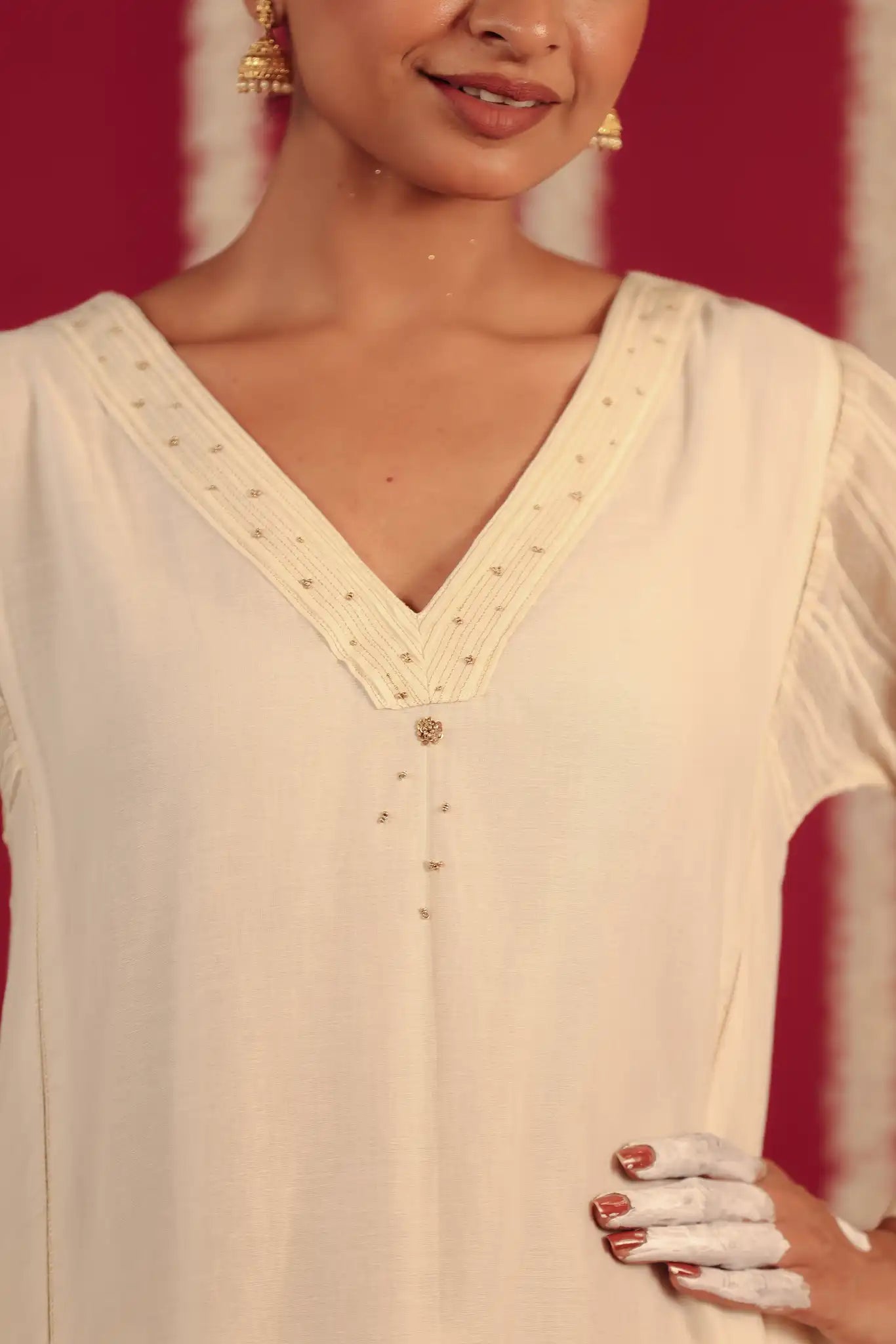 Off White V-neck Chanderi dress w/hand work