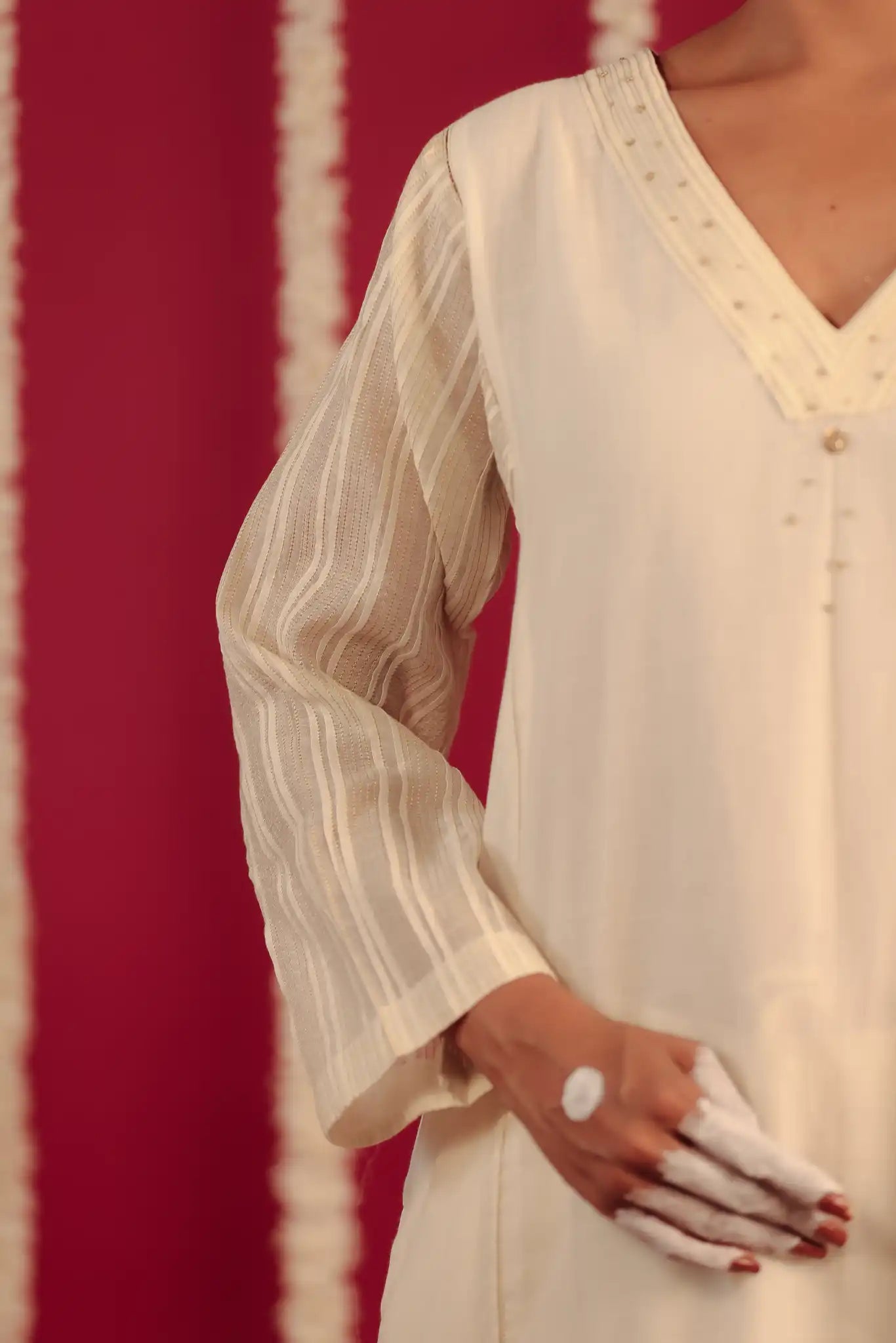 Off White V-neck Chanderi dress w/hand work