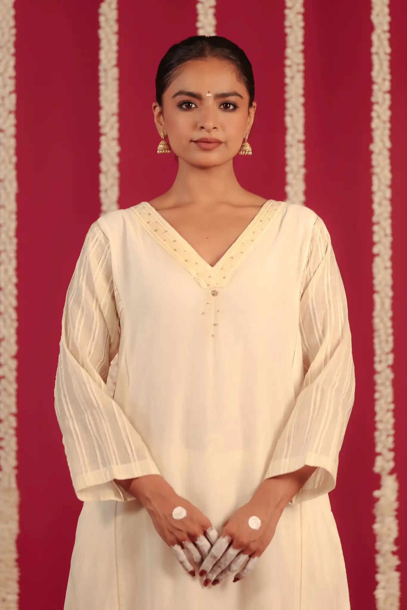 Off White V-neck Chanderi dress w/hand work