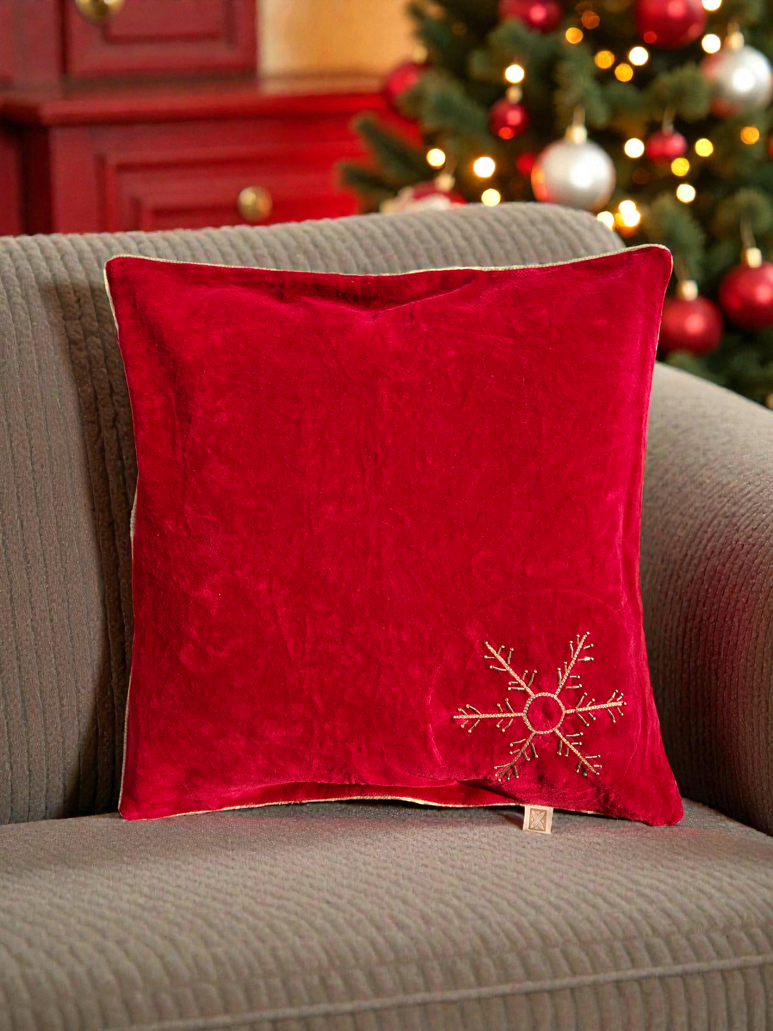 Snowflake Red Velvet Cushion Cover