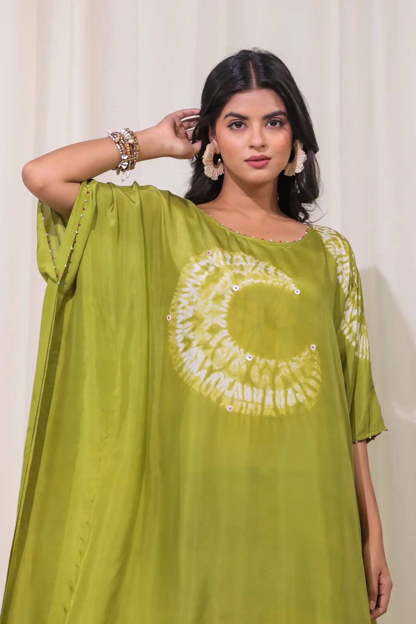 Green habutai silk shibori kaftan