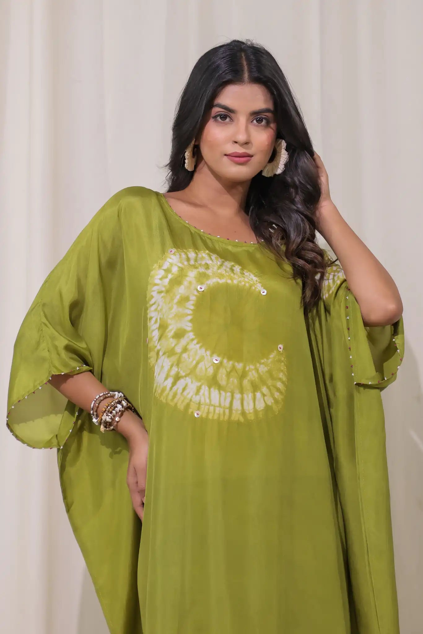 Green habutai silk shibori kaftan