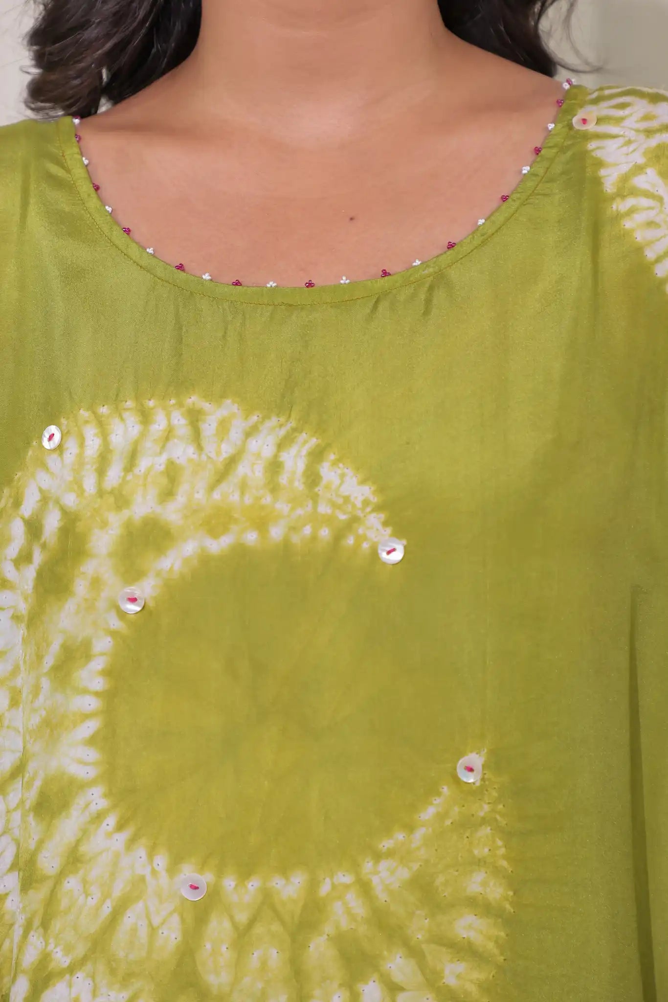 Green habutai silk shibori kaftan